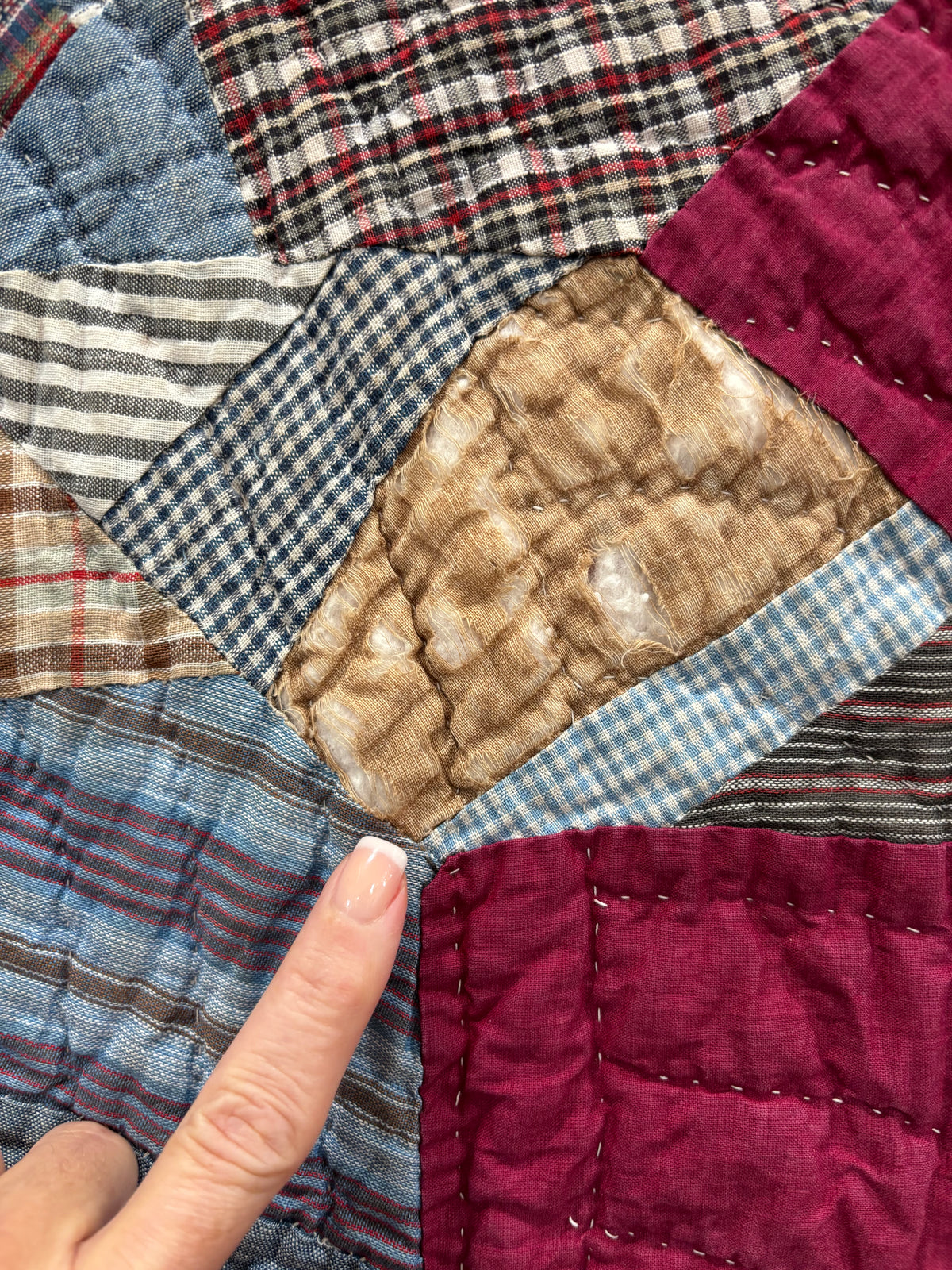 Early 1900s Antique Scrappy Eight-Pointed Star Quilt - 63x83”