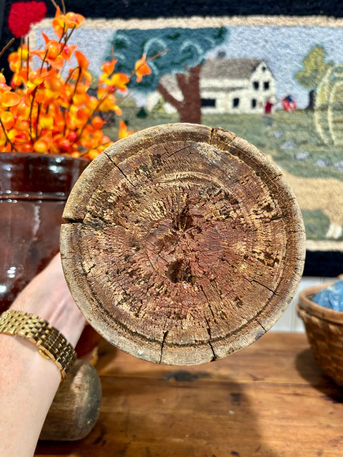Late 1800s Antique Wooden Mortar & Pestle in Original Red Paint