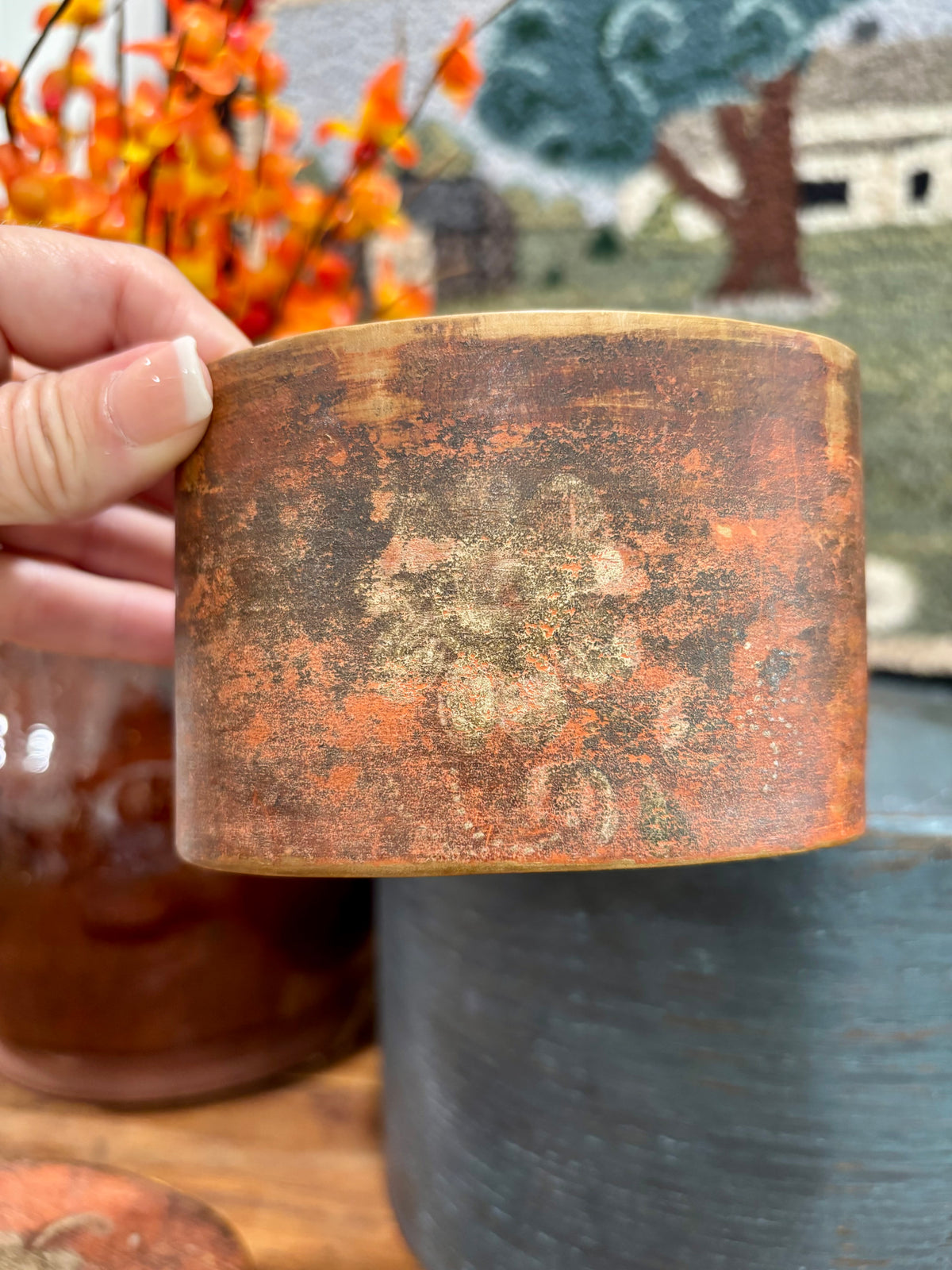Miniature Salmon-Red Painted Pantry Box with Floral Decoration, c1850β1880