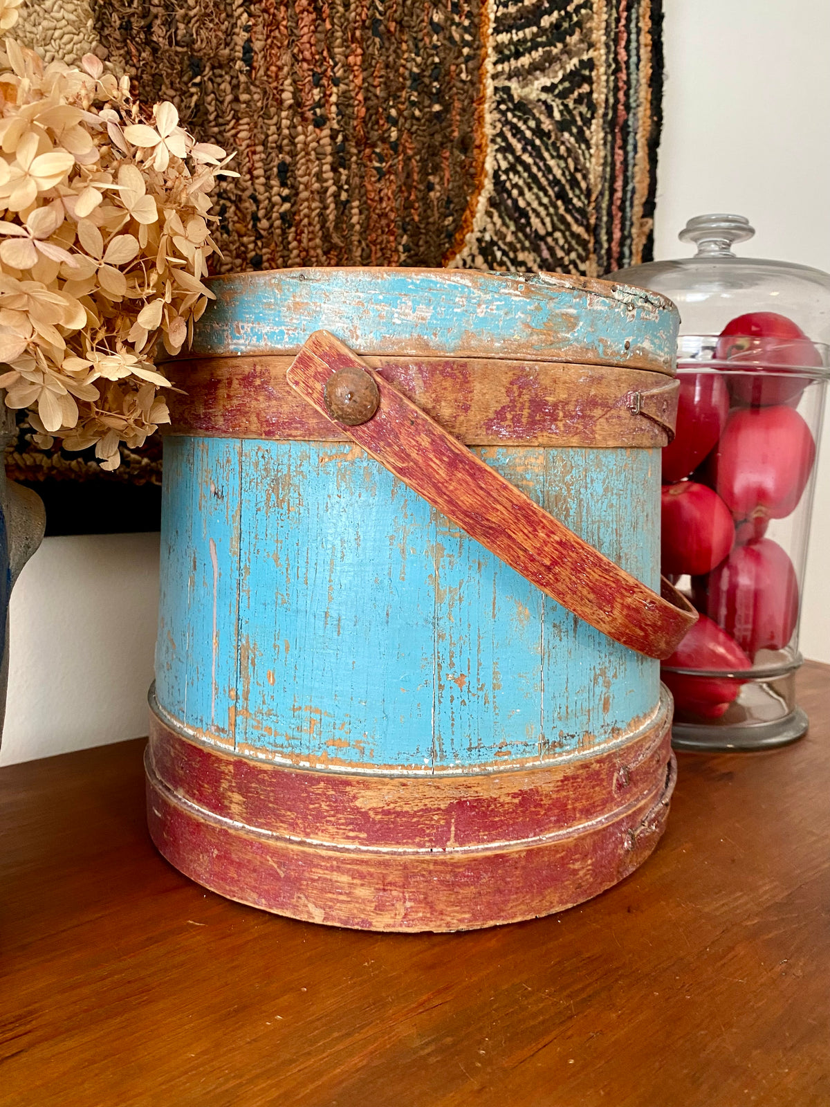 c1880s Antique Sugar Bucket Firkin in Original Red, Blue and White Paint