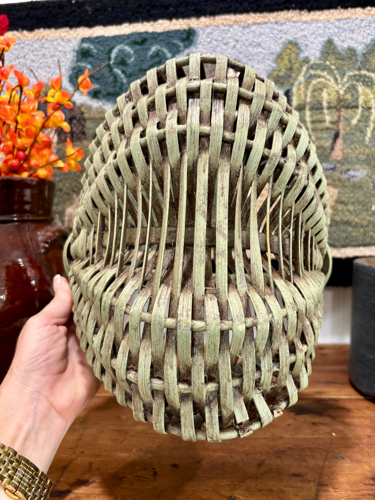 Small Green Painted Splint Basket with Wrapped Handle, c1900ā1920