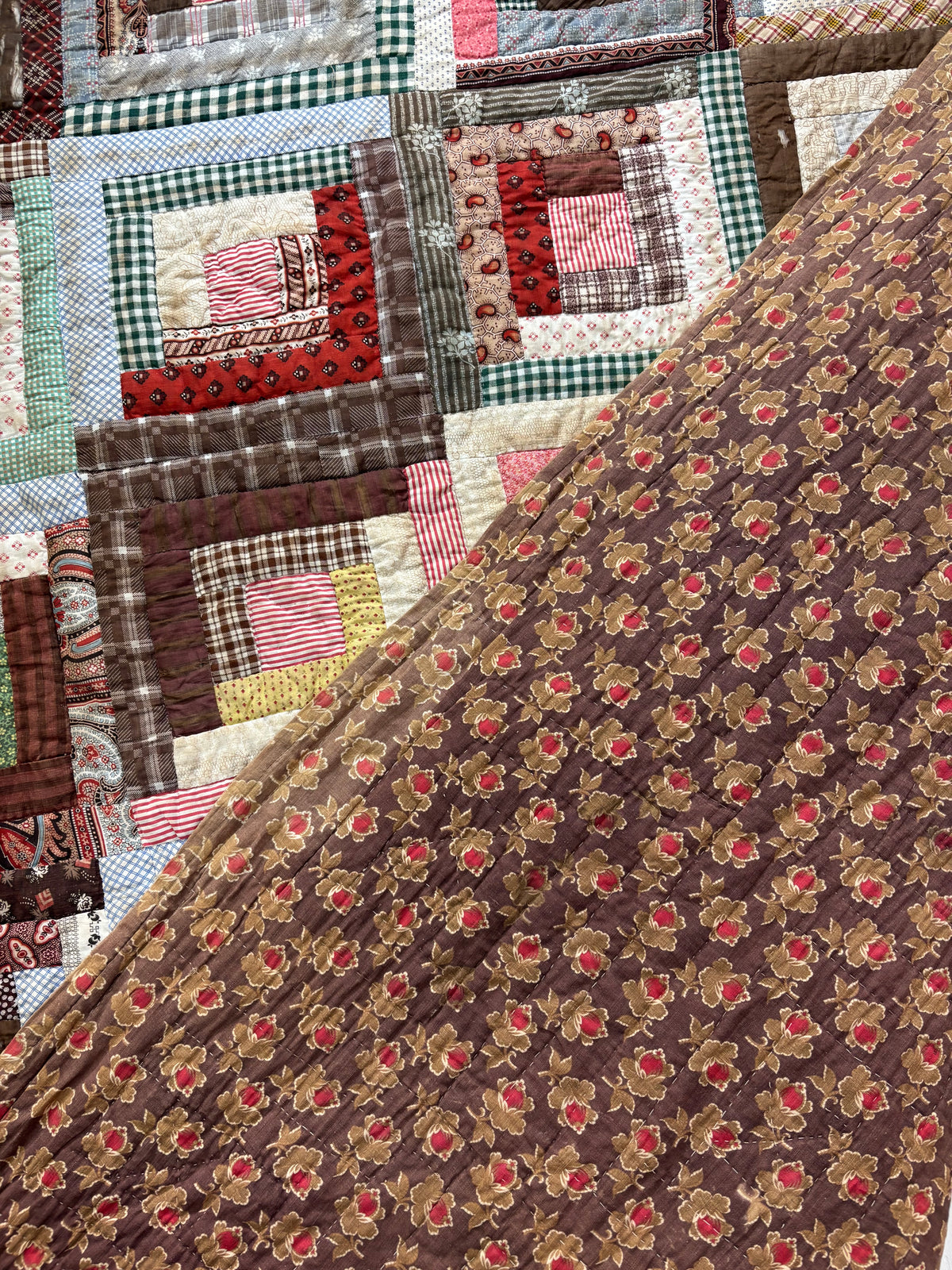 Antique Log Cabin Quilt in Early Calico Prints, c1870–1890
