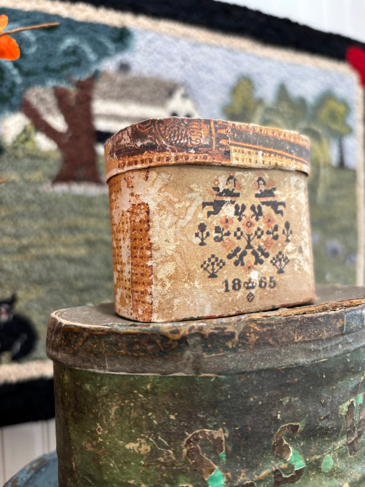 Vintage Miniature Wallpaper-Covered Oval Box
