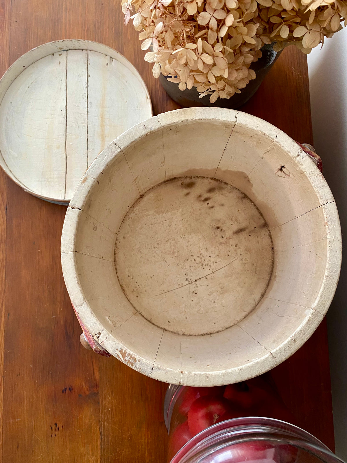 c1880s Antique Sugar Bucket Firkin in Original Red, Blue and White Paint