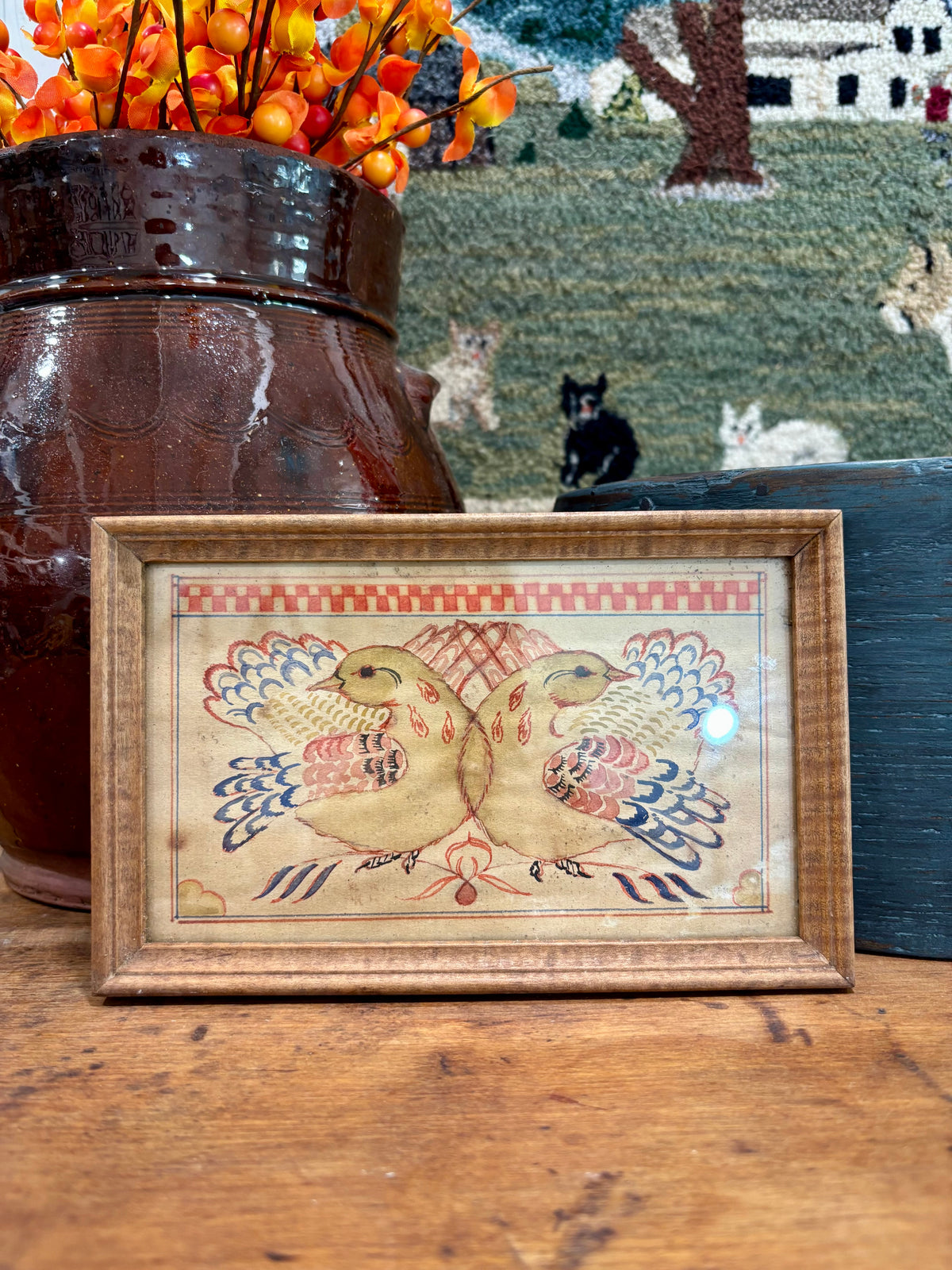 Vintage Lovebirds Fraktur Miniature