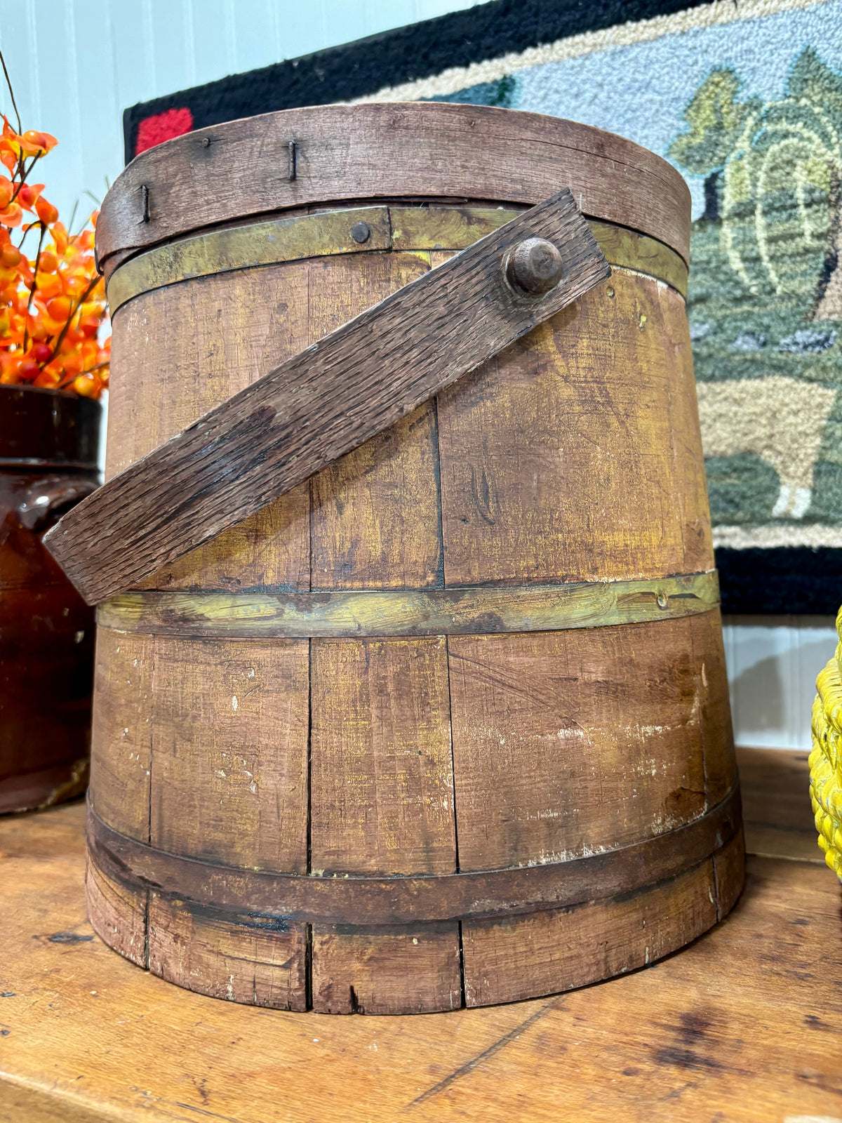 Early American Painted Firkin with Red Wash over Yellow, c1860–1880