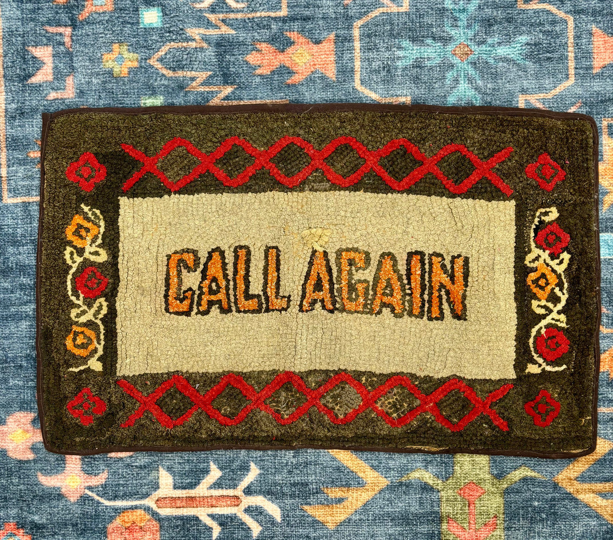 Vintage Hand-Hooked “Call Again” Welcome Rug, c1930–1950