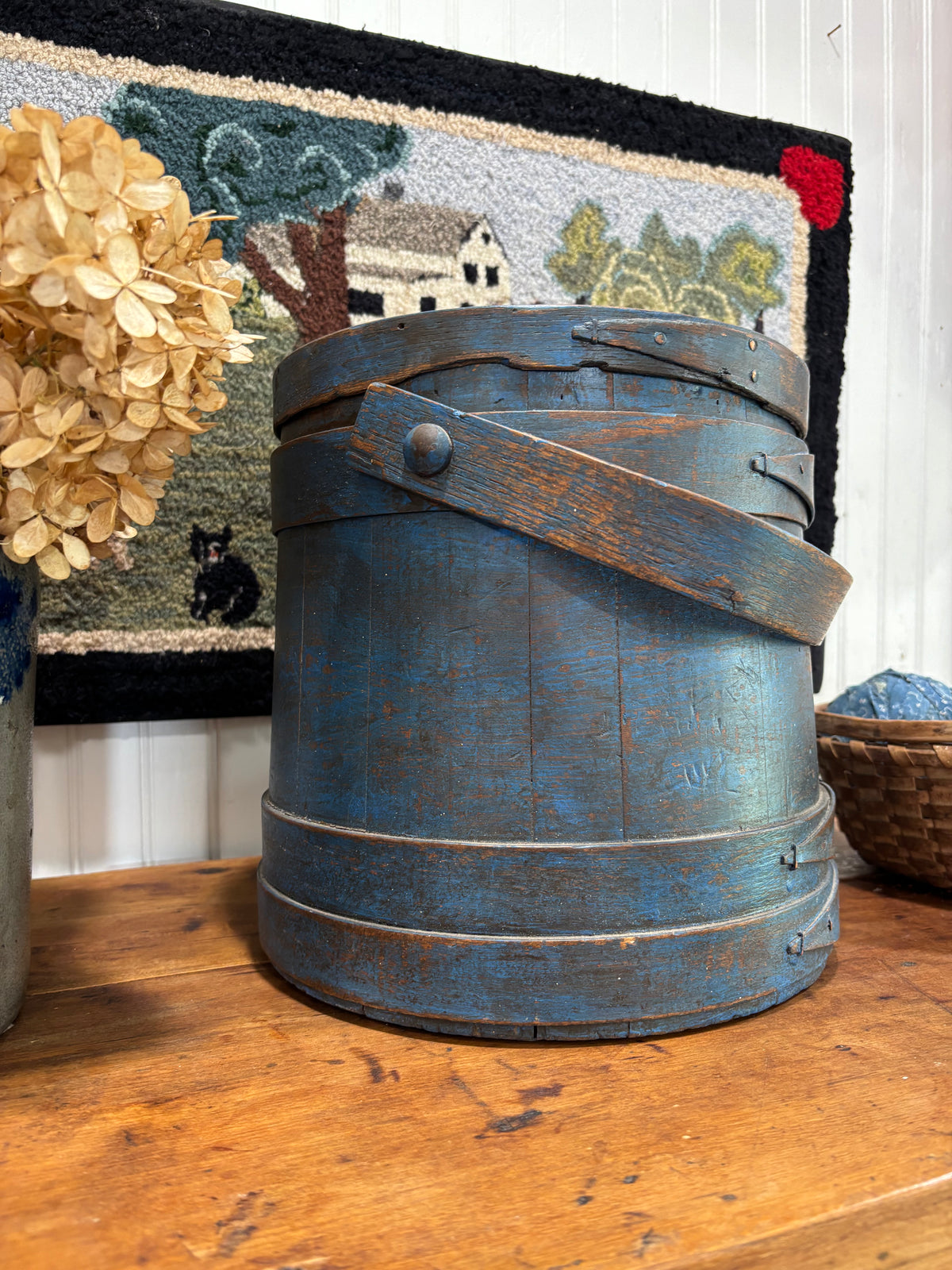 c1880-1900 Antique Firkin / Sugar Bucket in Early Blue Paint