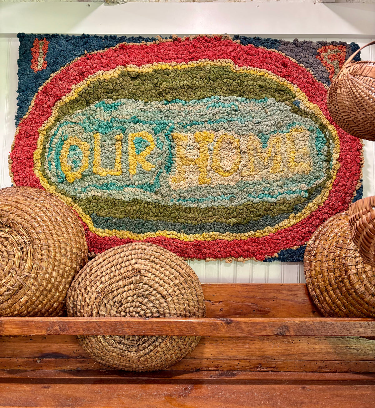 c1920s–1940s “Our Home” Mounted Vintage Hand Hooked Rug - 34 1/2” × 22 1/2”
