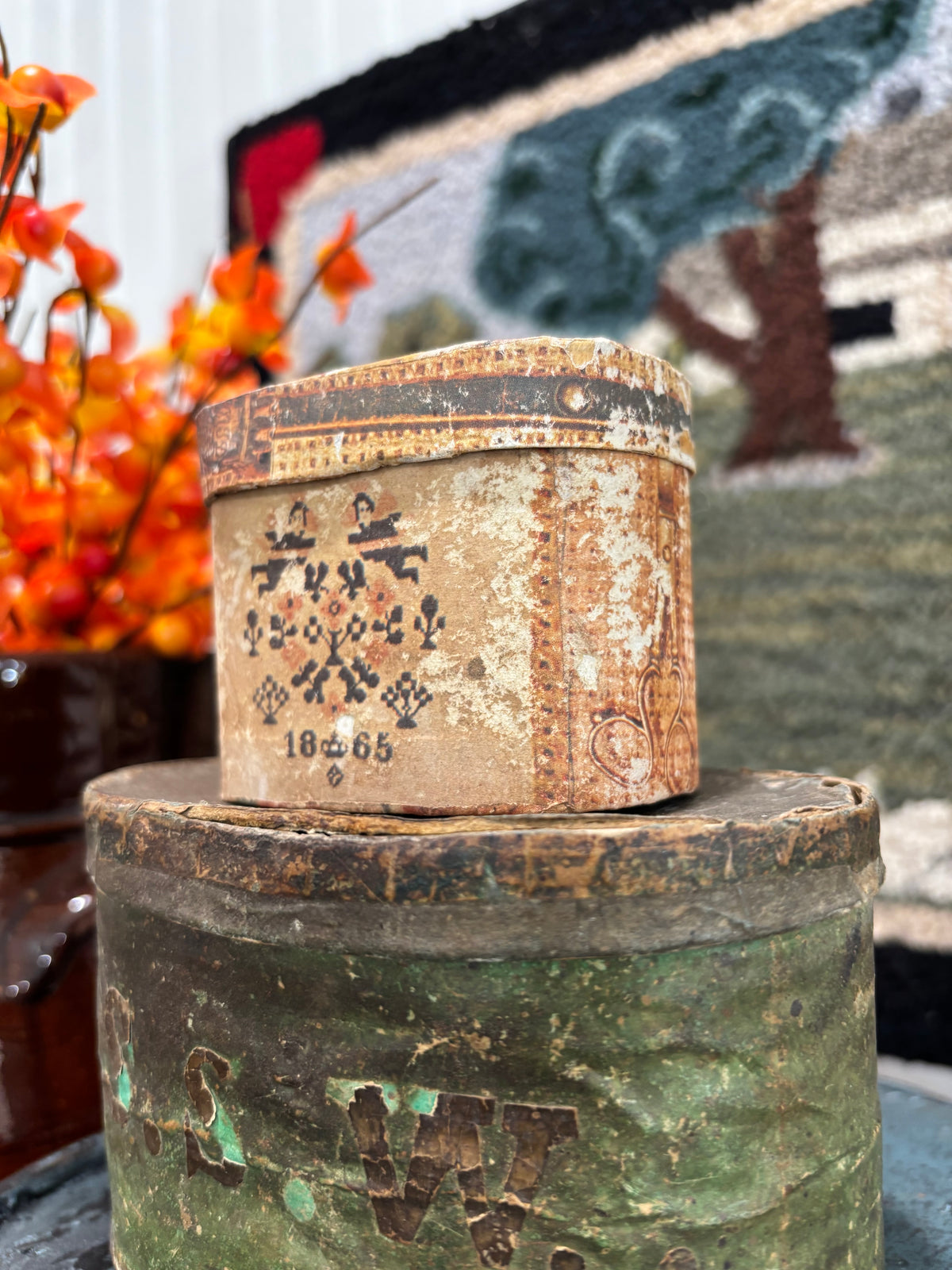Vintage Miniature Wallpaper-Covered Oval Box