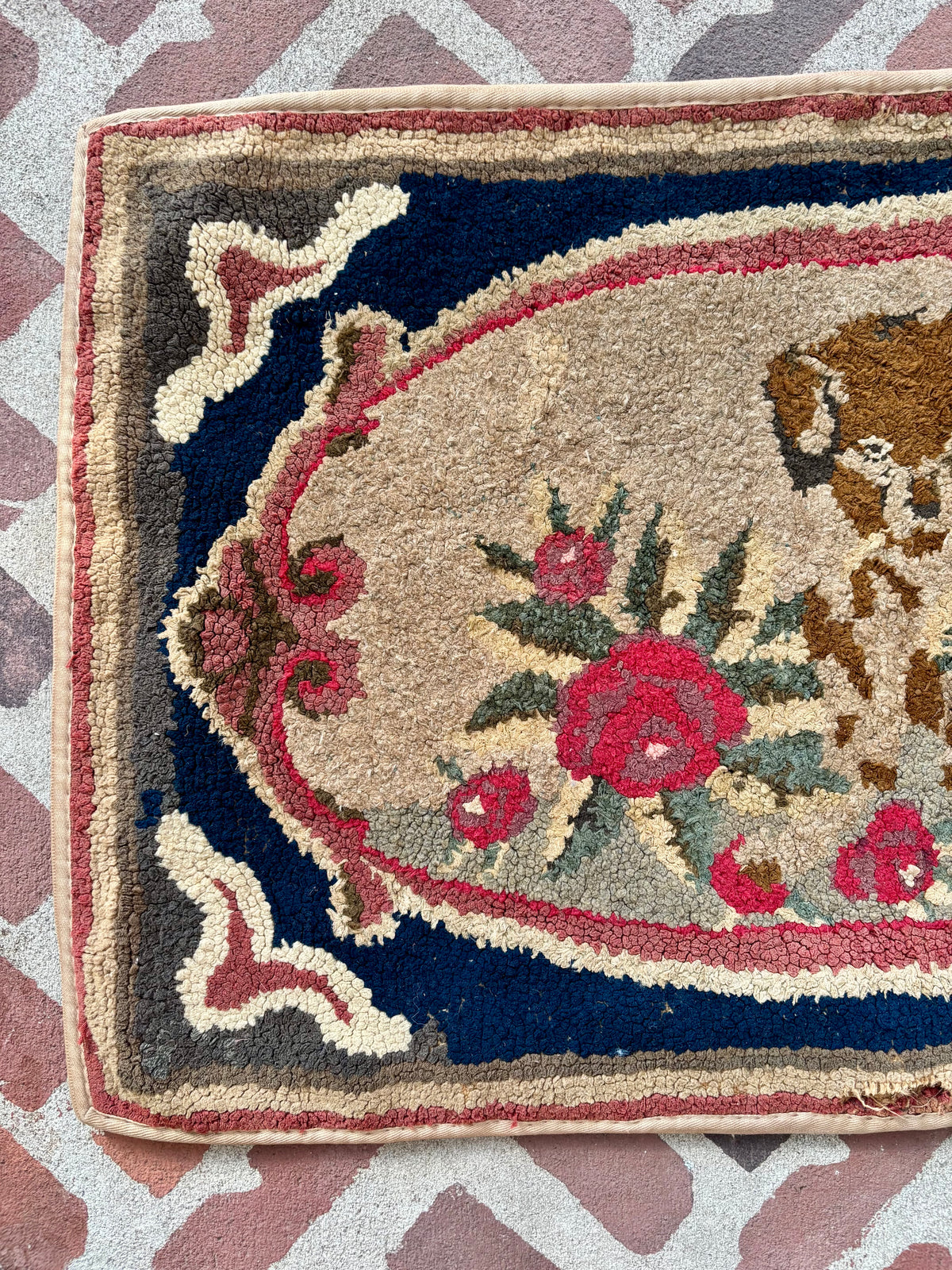 Vintage Hooked Rug with Dog and Roses, c1920ā1940