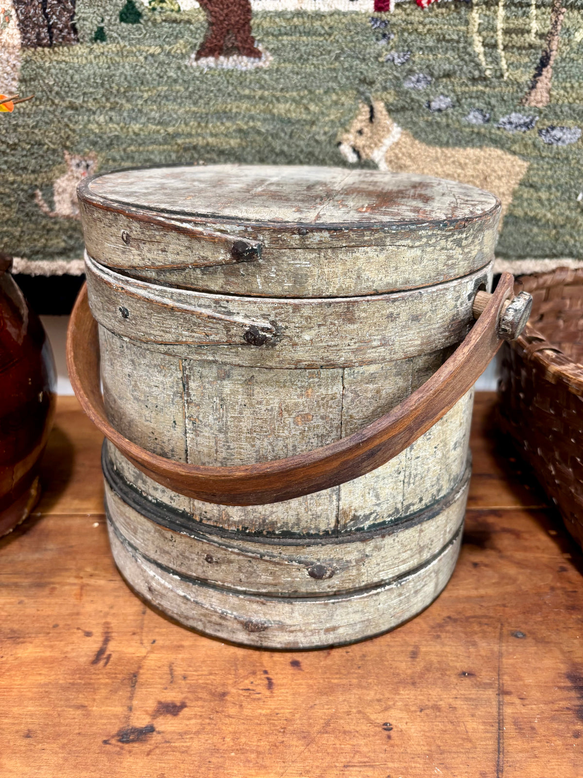 c1870-1880 Antique Firkin in Sage Green Paint
