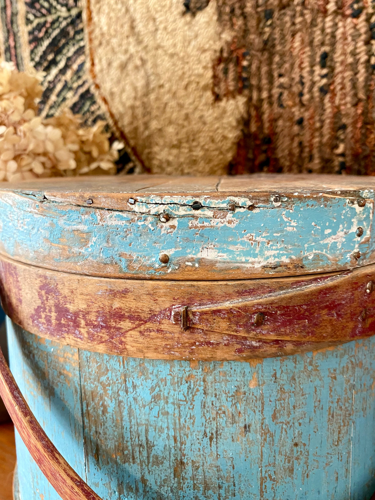 c1880s Antique Sugar Bucket Firkin in Original Red, Blue and White Paint