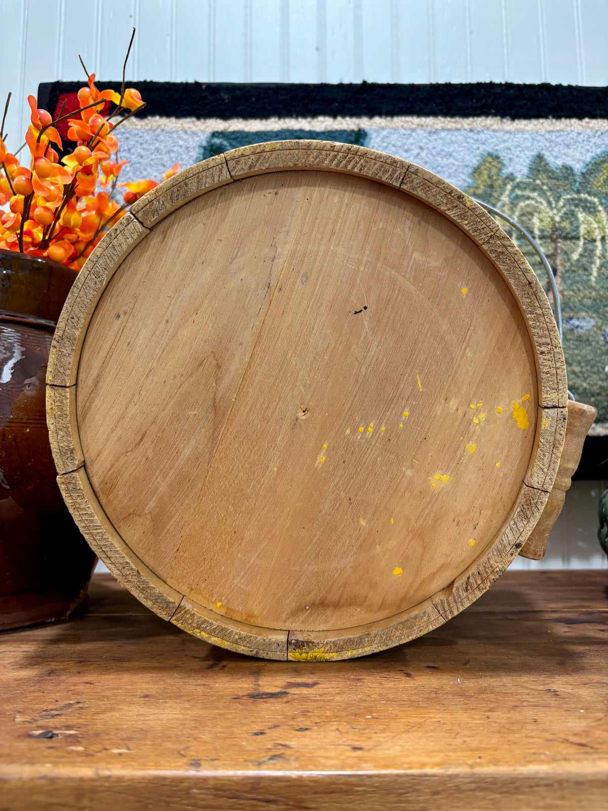 Antique Yellow Painted Wooden Bucket with Bail Handle, c1900–1930