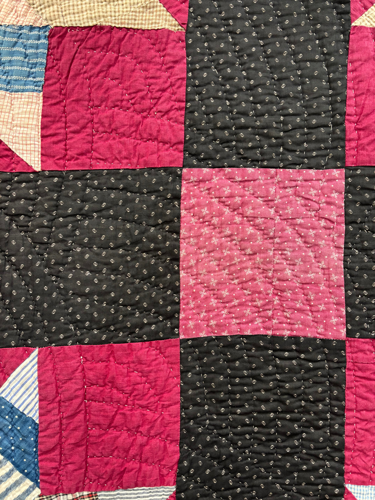 Early 1900s Antique Scrappy Eight-Pointed Star Quilt - 63x83”
