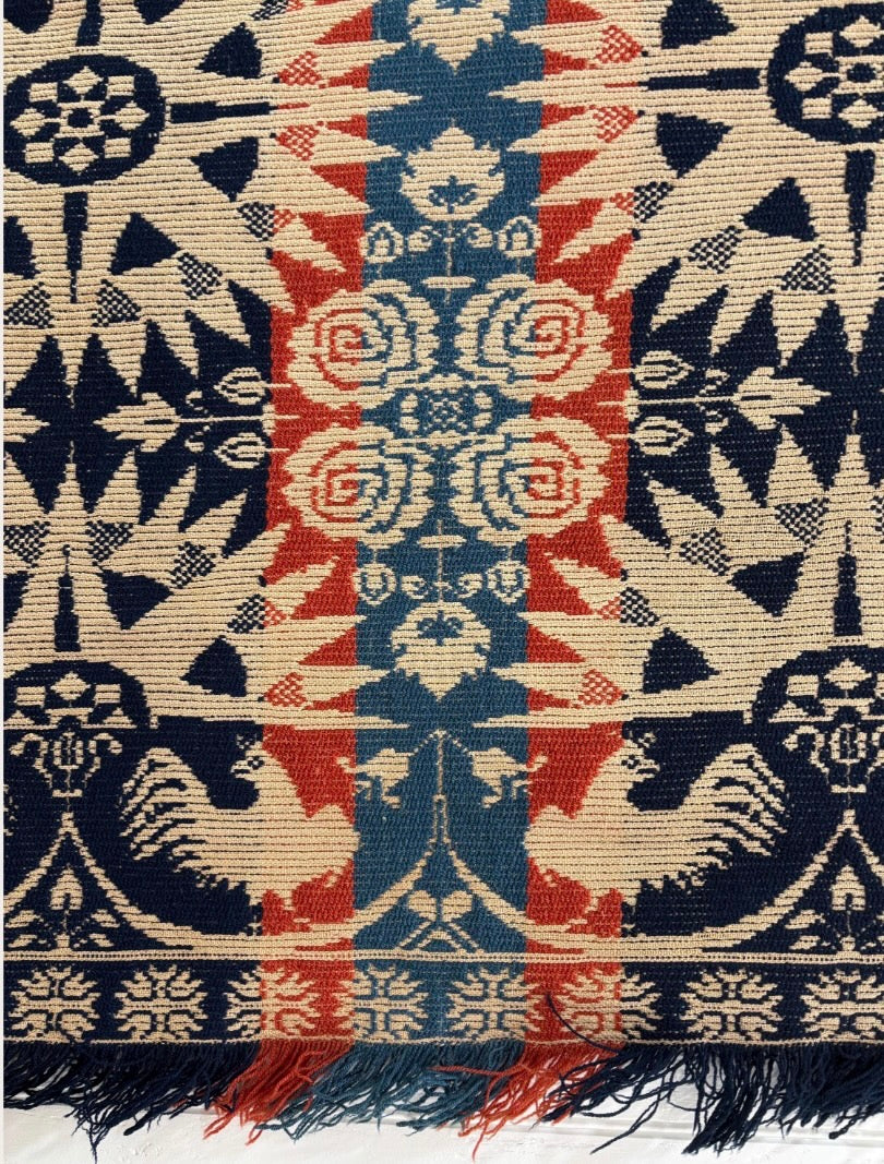 c1850s SIGNED Antique Damask Coverlet, John Bick, Rome, Ohio - Tri-color, Fringe Border, with Eagles