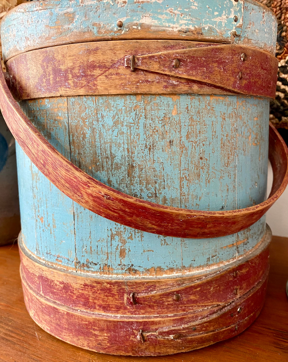 c1880s Antique Sugar Bucket Firkin in Original Red, Blue and White Paint
