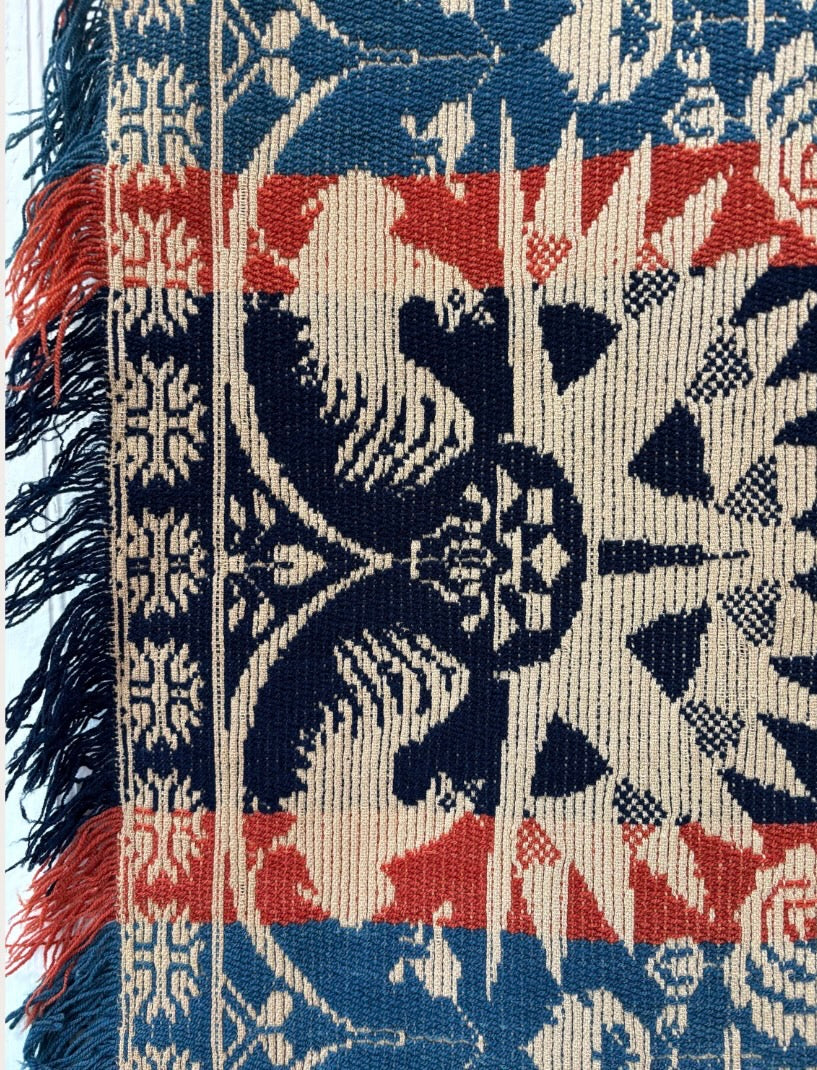 c1850s SIGNED Antique Damask Coverlet, John Bick, Rome, Ohio - Tri-color, Fringe Border, with Eagles
