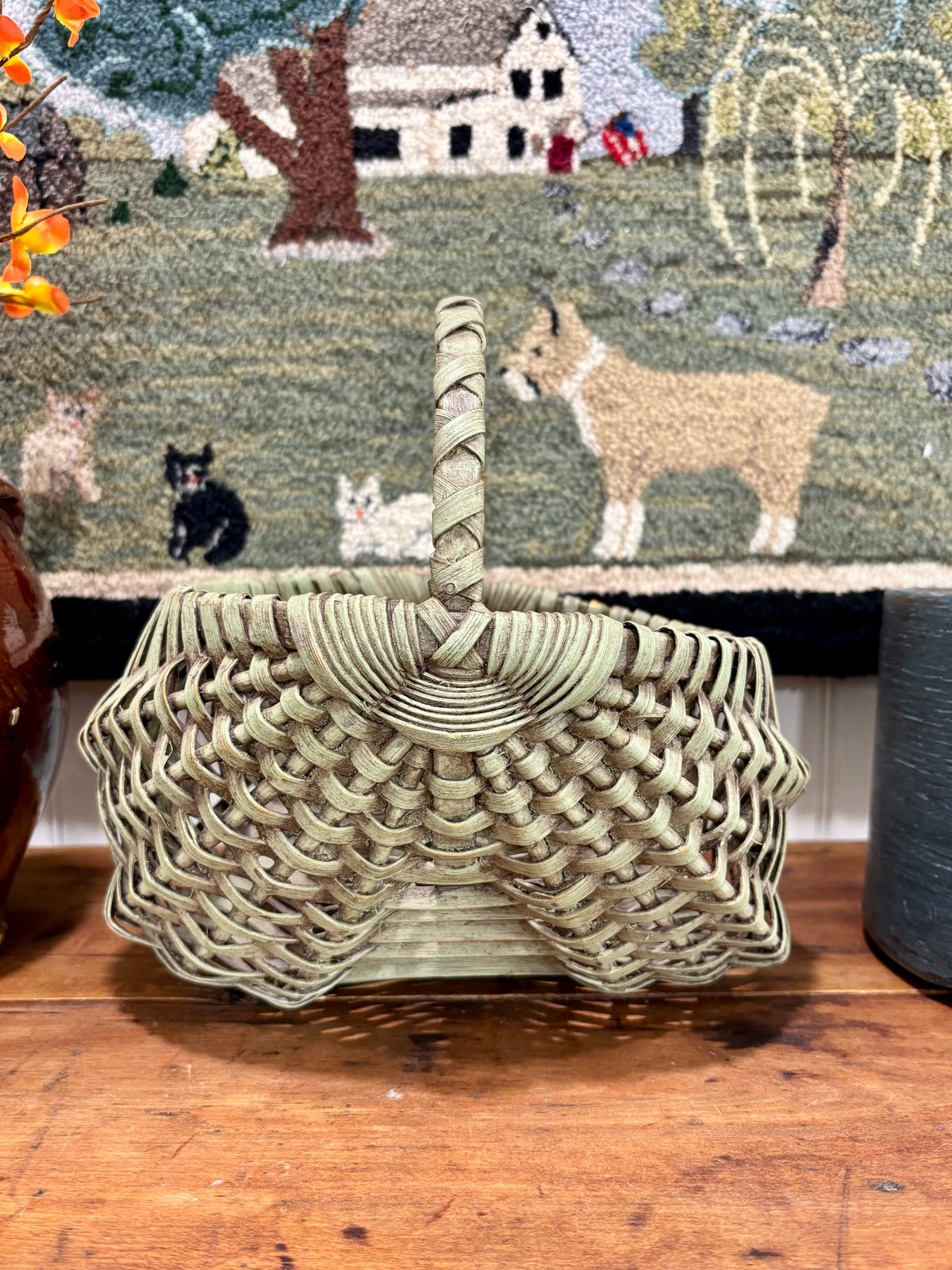 Small Green Painted Splint Basket with Wrapped Handle, c1900ā1920