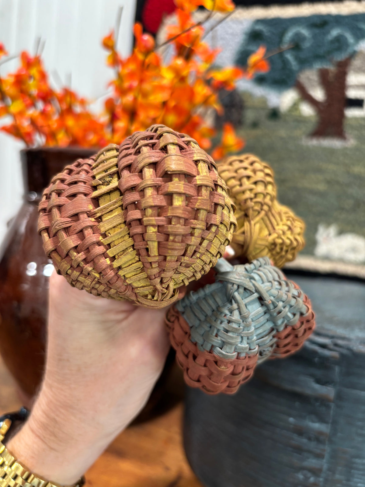 Set of Three Vintage Miniature Handwoven Painted Baskets