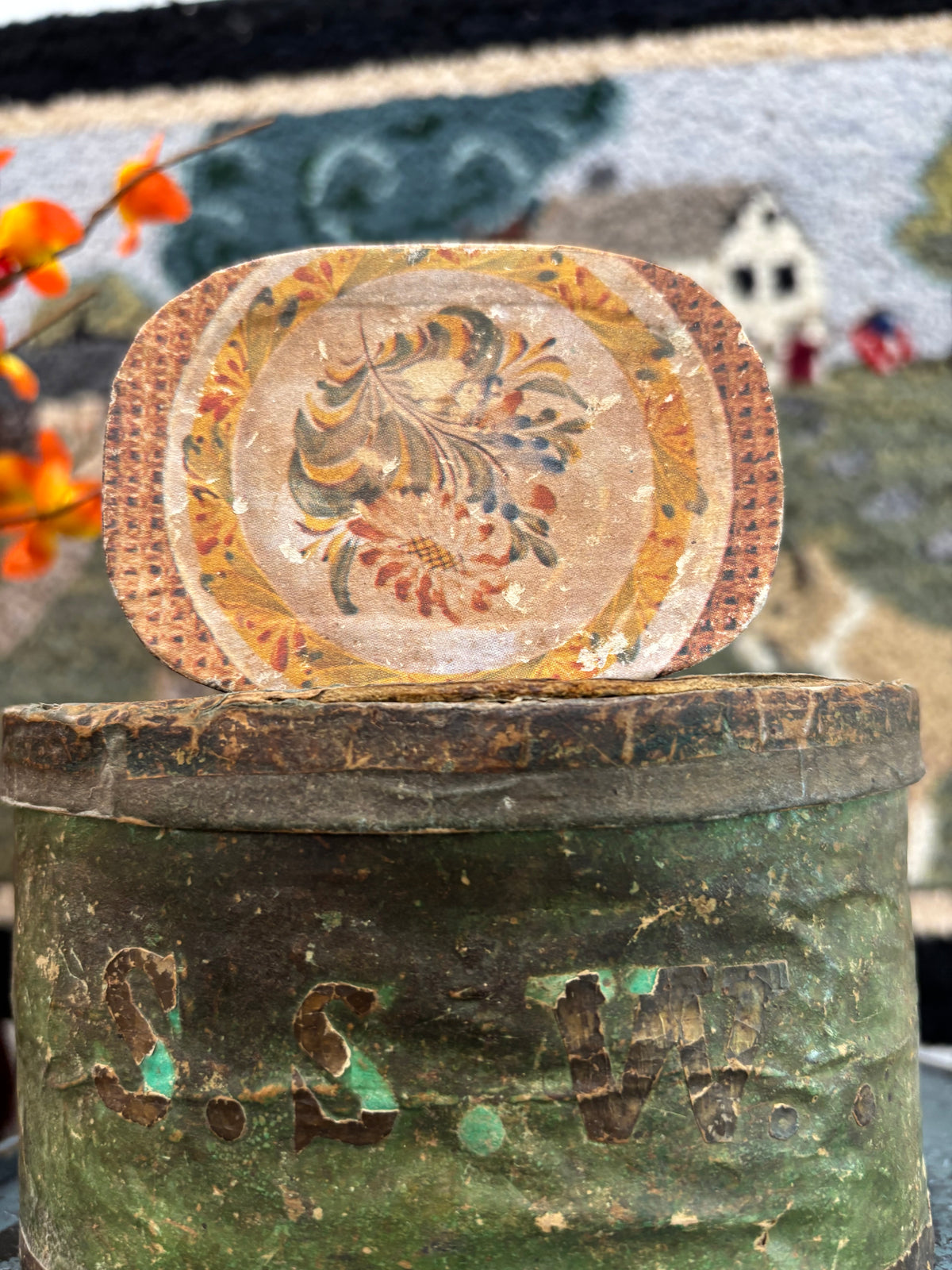 Vintage Miniature Wallpaper-Covered Oval Box