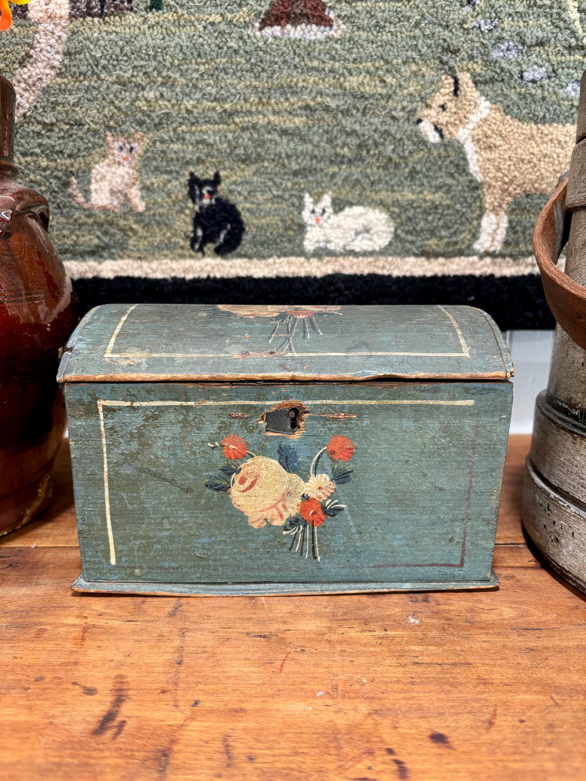 Early Blue Painted Dome-Top Box with Floral Decoration, c1840–1870