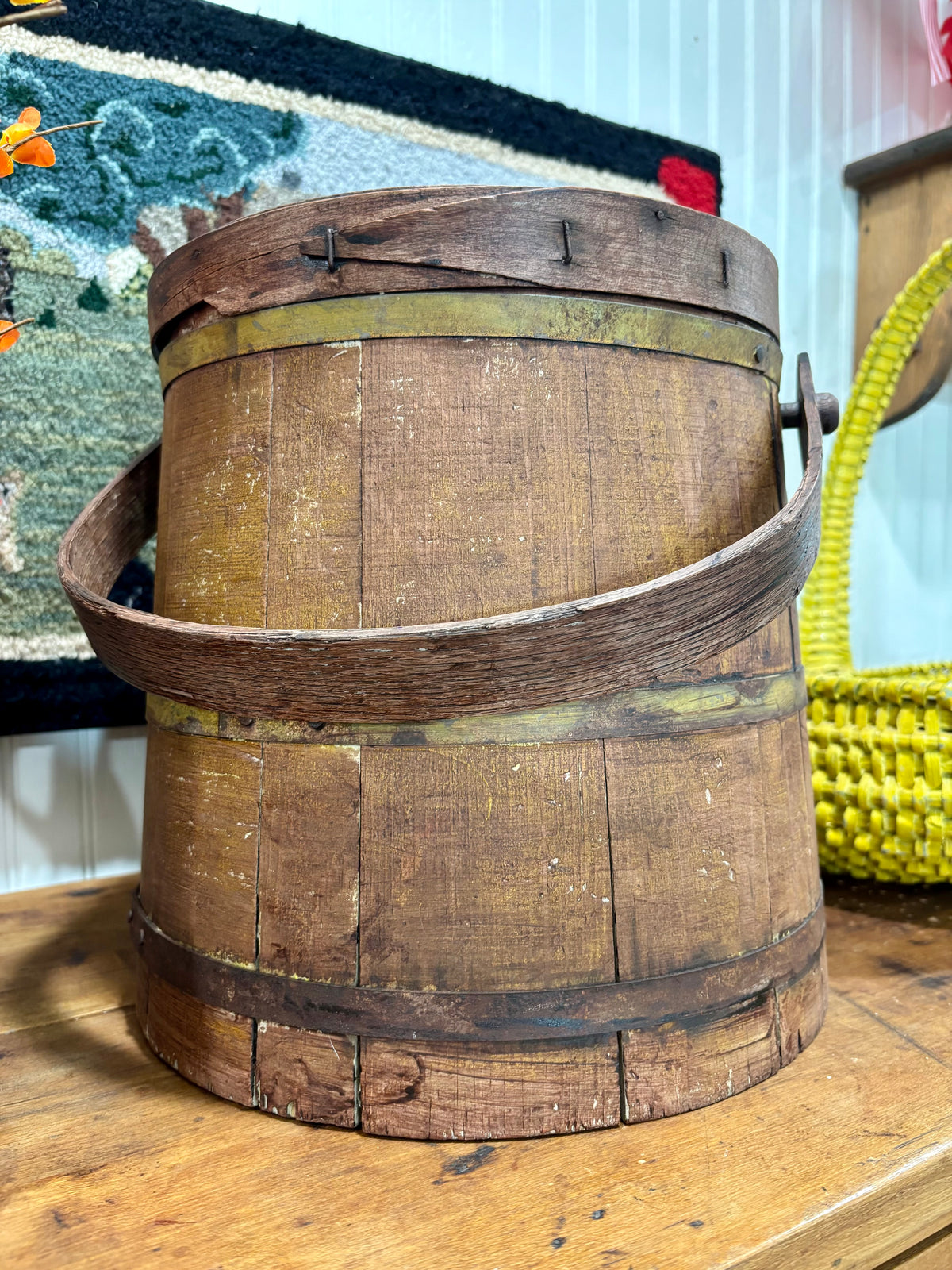 Early American Painted Firkin with Red Wash over Yellow, c1860–1880