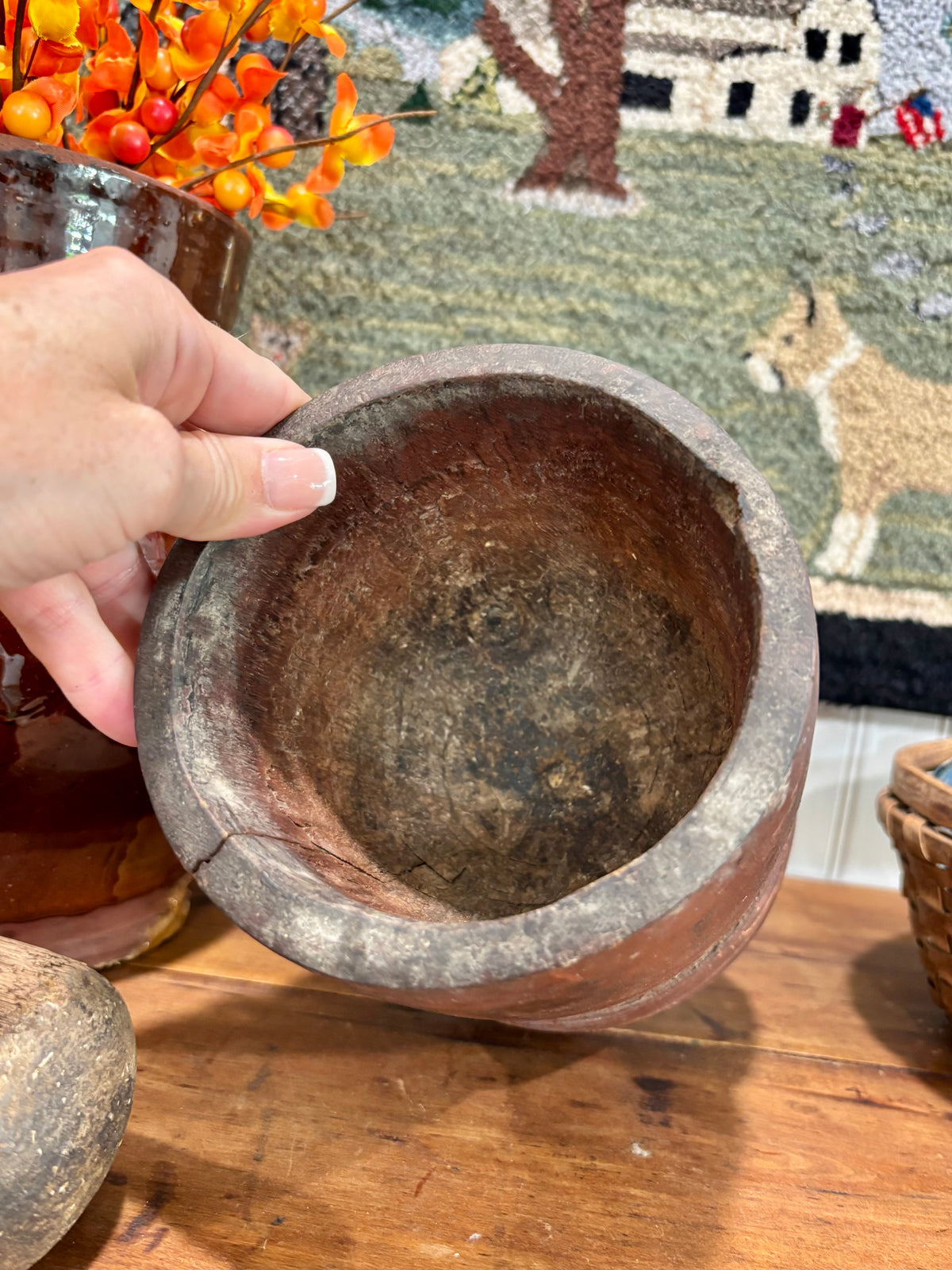 Late 1800s Antique Wooden Mortar & Pestle in Original Red Paint
