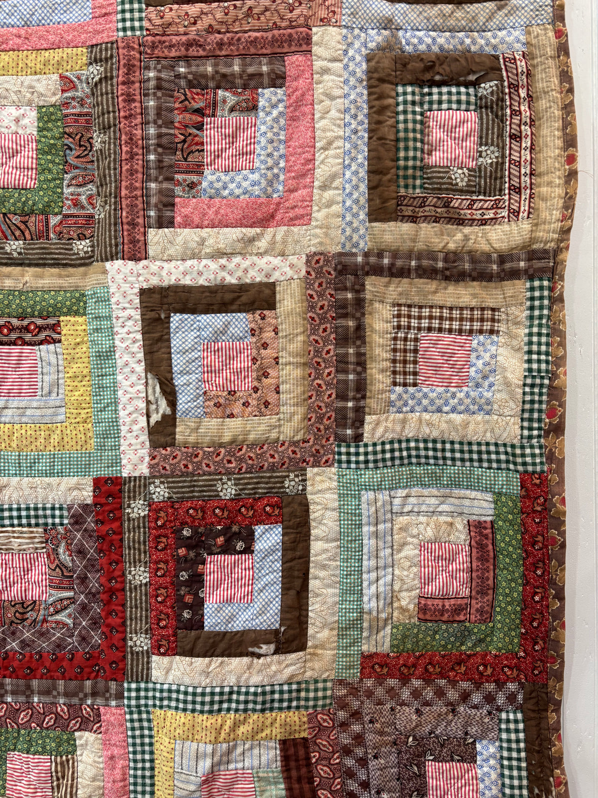 Antique Log Cabin Quilt in Early Calico Prints, c1870–1890