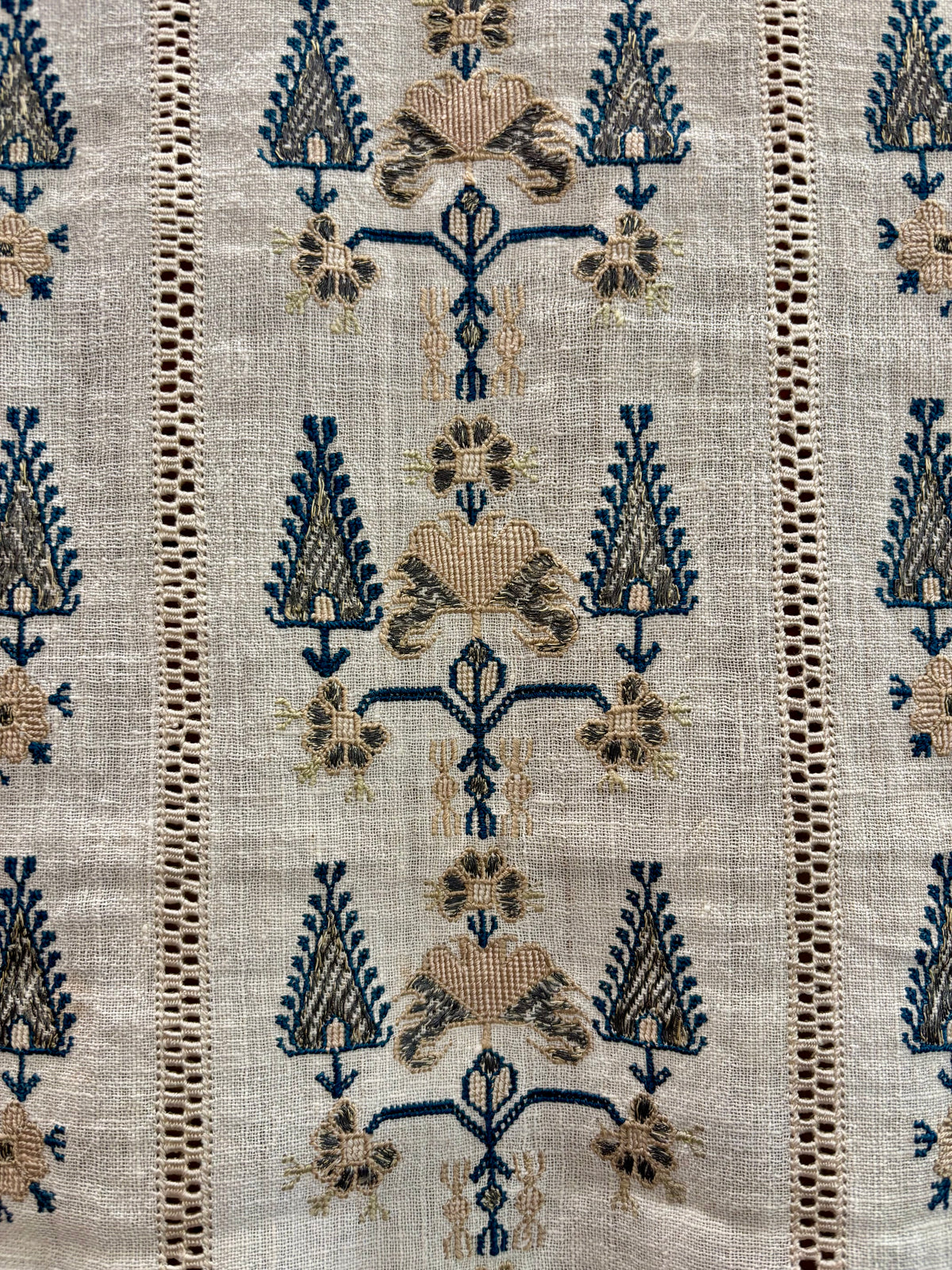 Vintage Embroidered Linen Table Runner, 47” × 18”