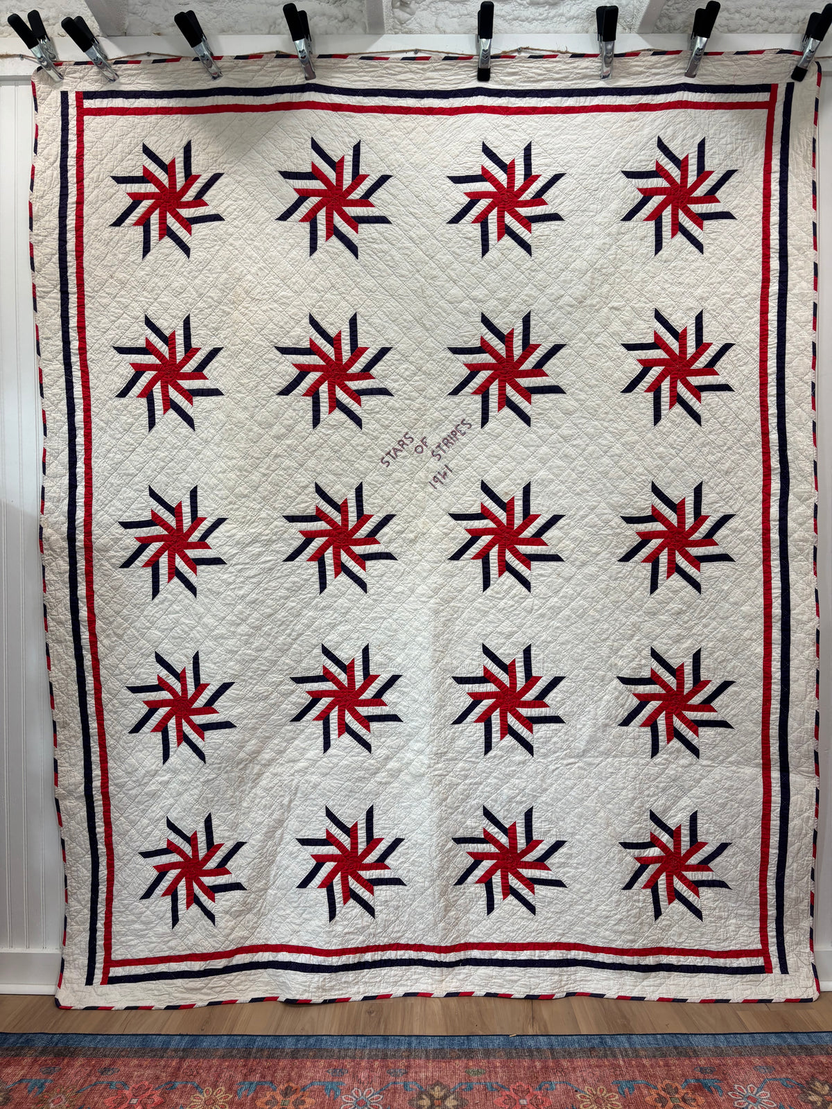 Dated 1941 Patriotic Red, White & Blue Stars Quilt – “Stars of Stripes”