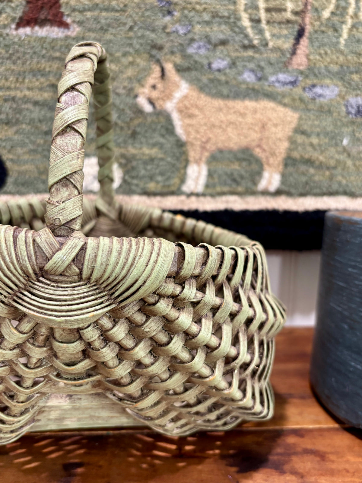 Small Green Painted Splint Basket with Wrapped Handle, c1900ā1920
