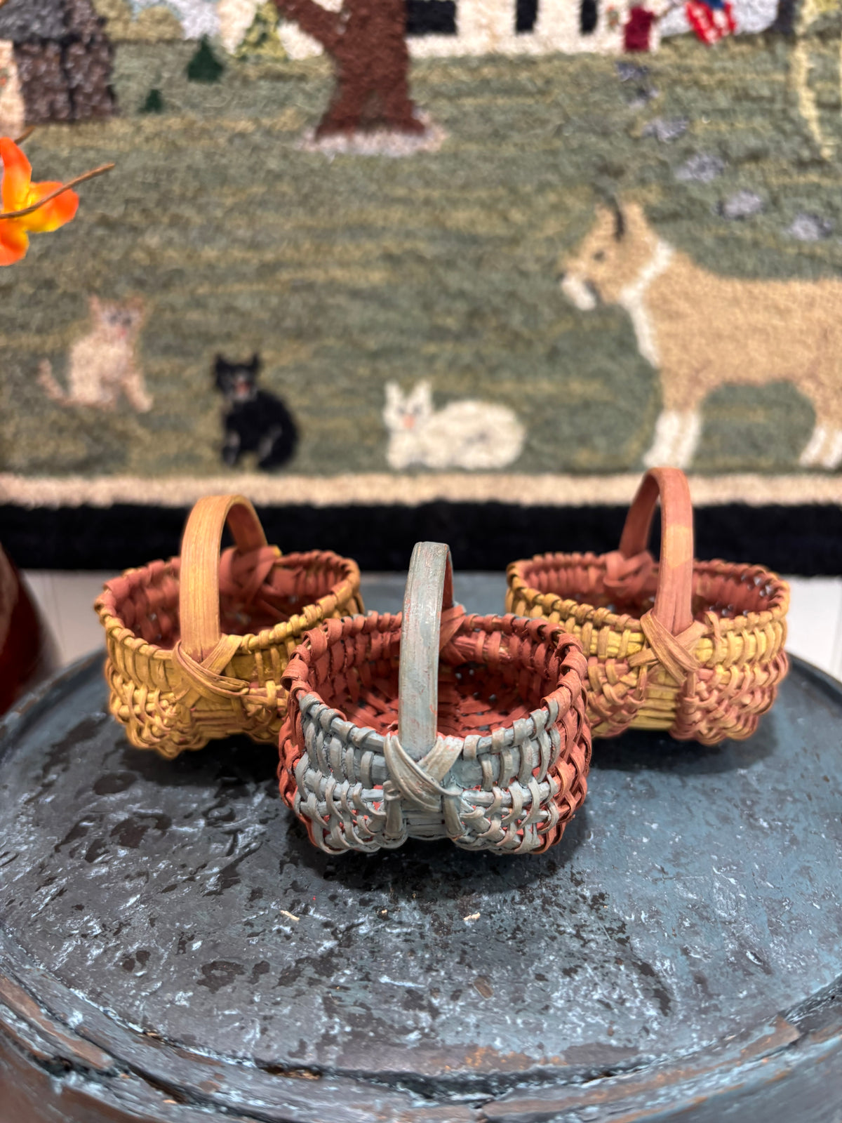 Set of Three Vintage Miniature Handwoven Painted Baskets