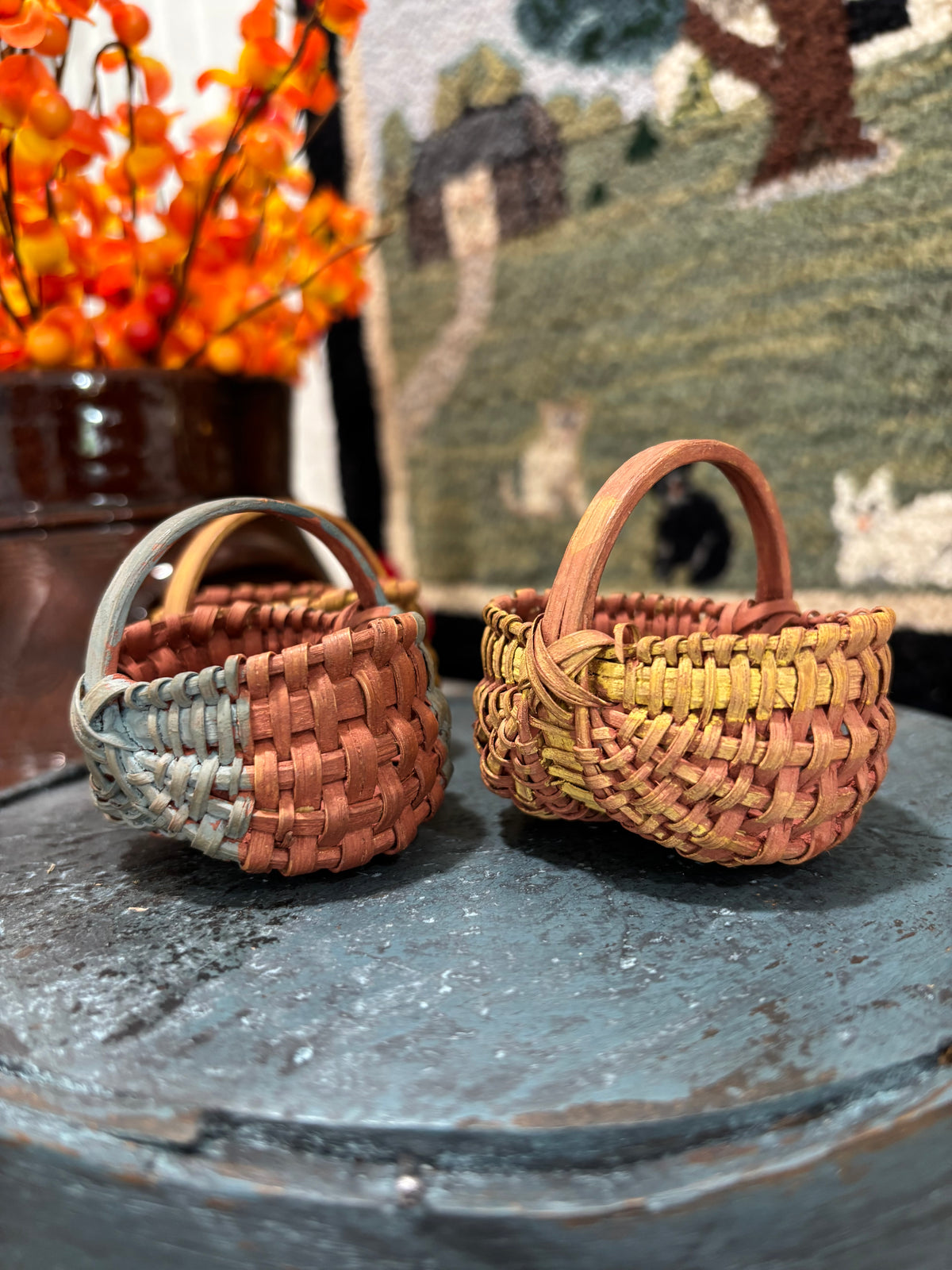 Set of Three Vintage Miniature Handwoven Painted Baskets