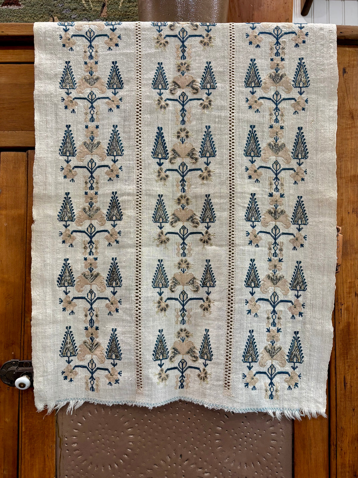 Vintage Embroidered Linen Table Runner, 47” × 18”