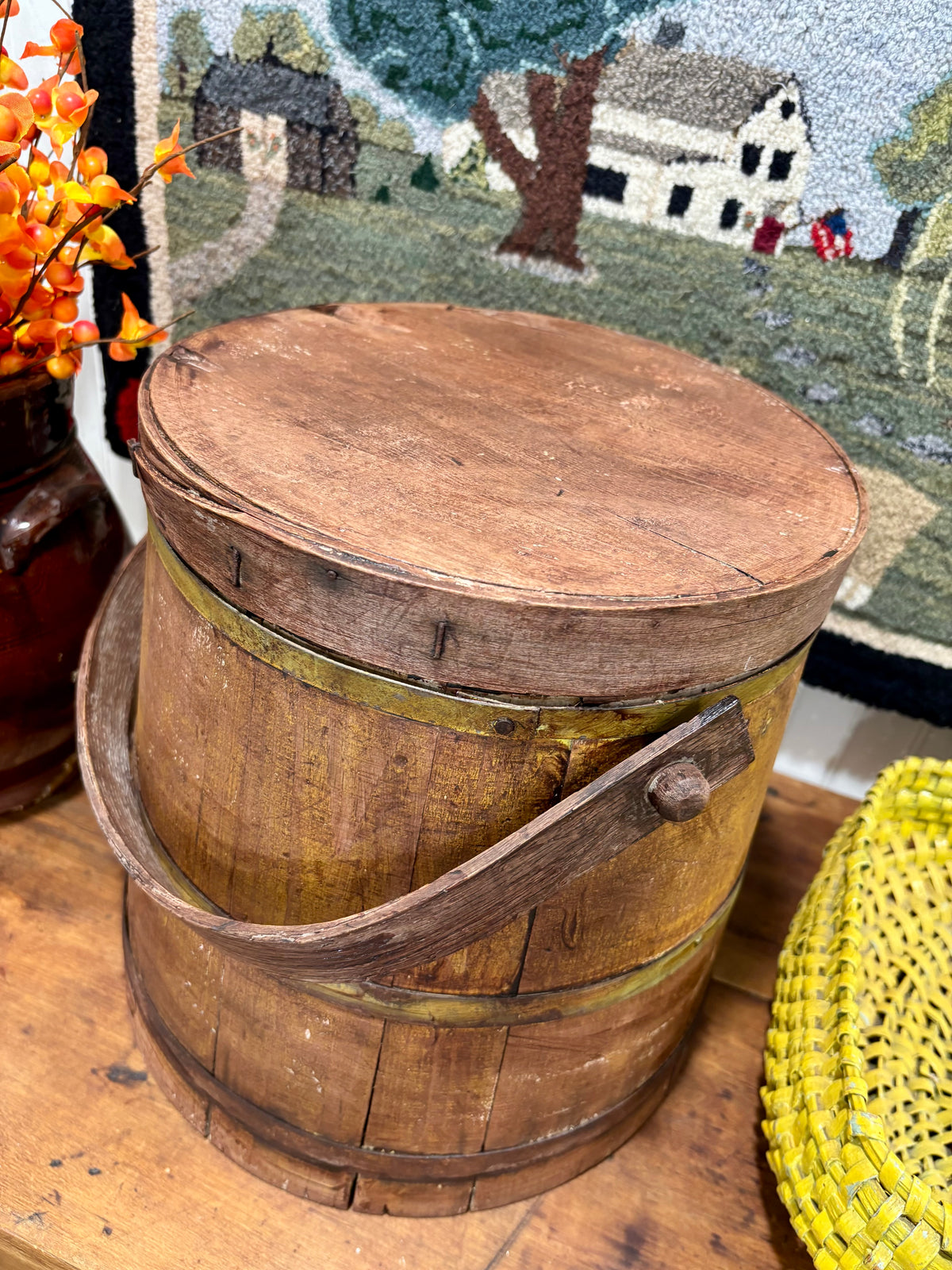 Early American Painted Firkin with Red Wash over Yellow, c1860–1880