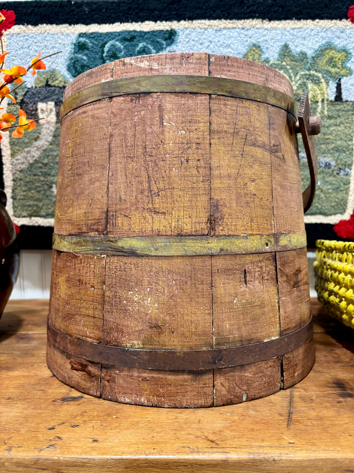 Early American Painted Firkin with Red Wash over Yellow, c1860–1880