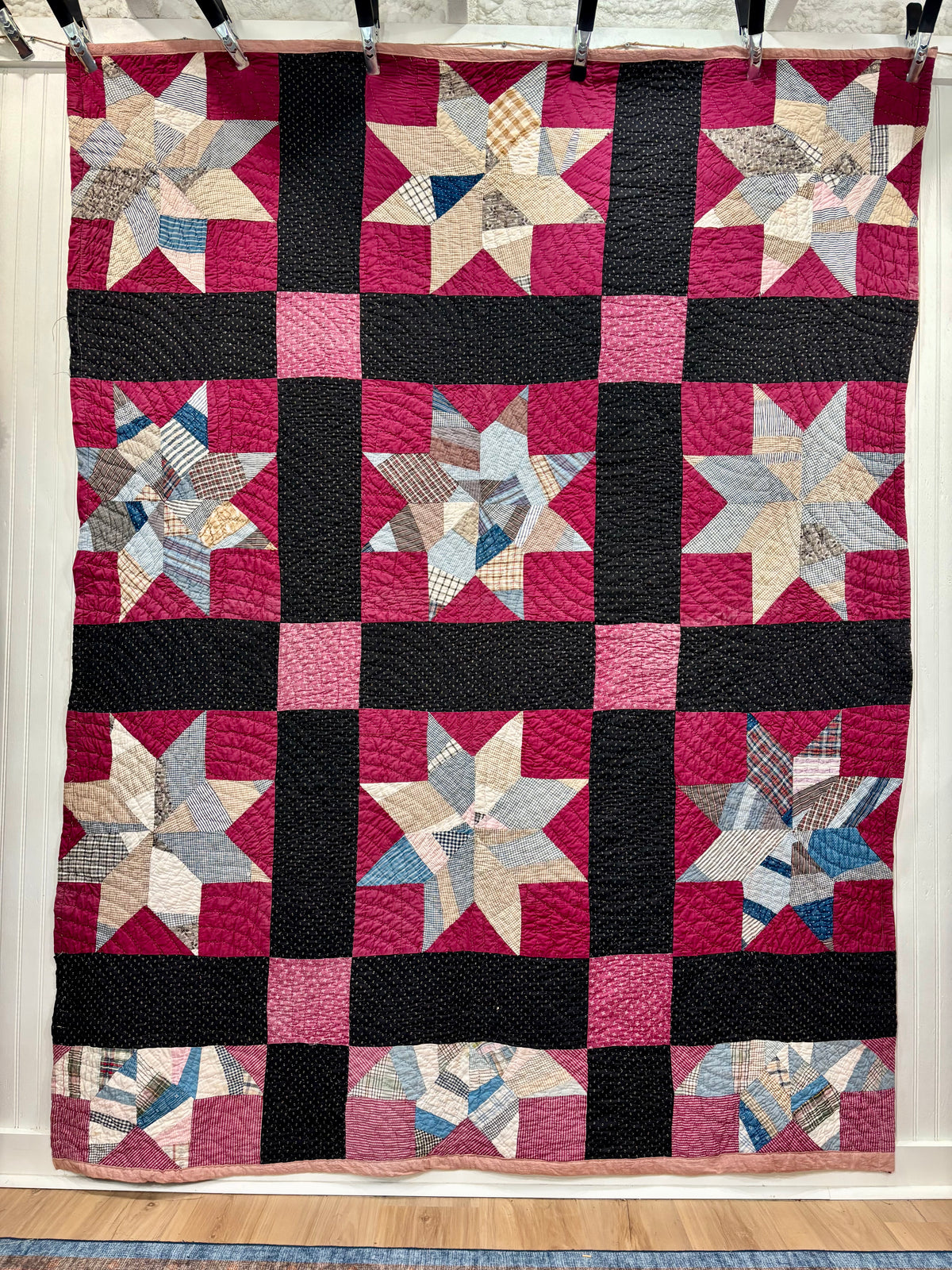 Early 1900s Antique Scrappy Eight-Pointed Star Quilt - 63x83”