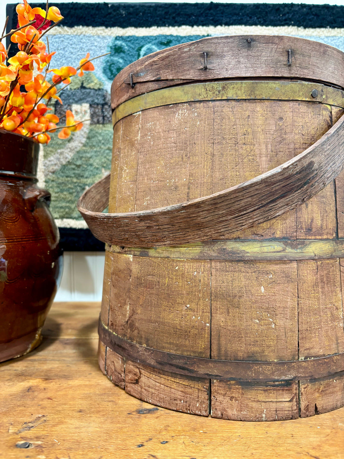 Early American Painted Firkin with Red Wash over Yellow, c1860–1880