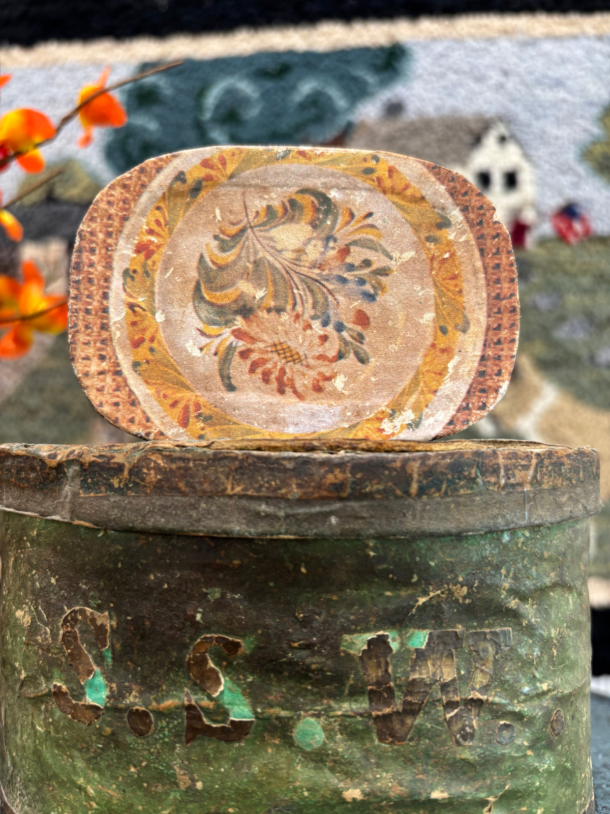 Vintage Miniature Wallpaper-Covered Oval Box