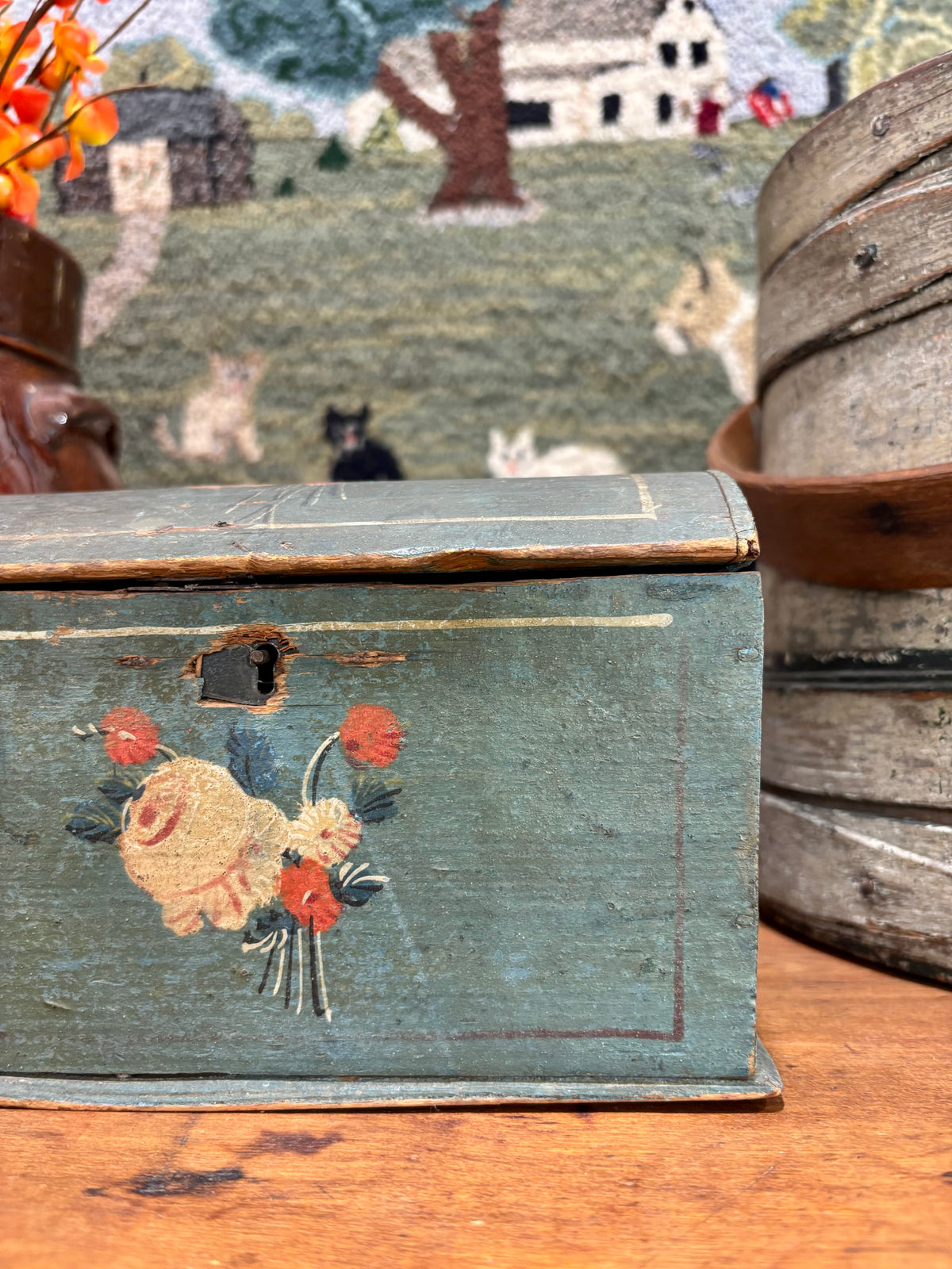 Early Blue Painted Dome-Top Box with Floral Decoration, c1840–1870