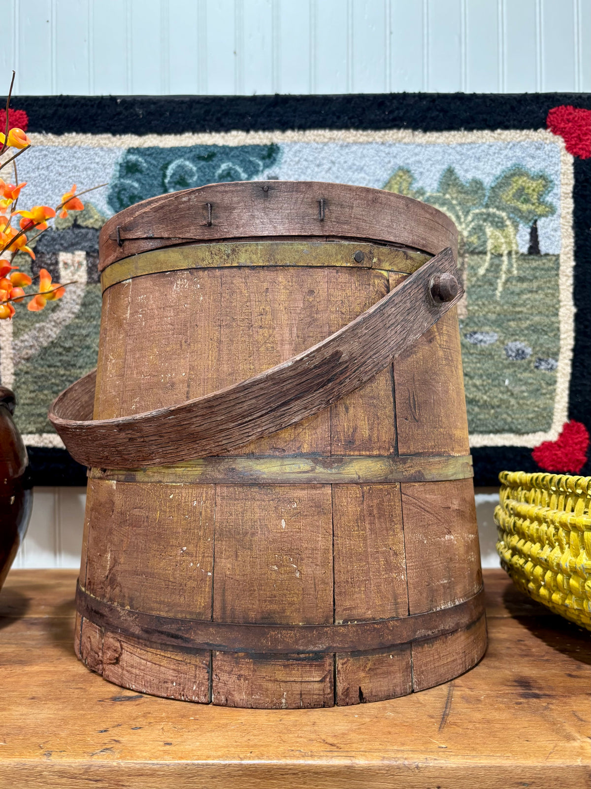 Early American Painted Firkin with Red Wash over Yellow, c1860–1880