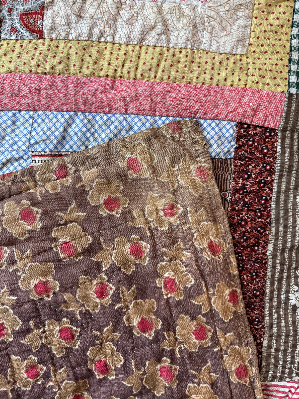 Antique Log Cabin Quilt in Early Calico Prints, c1870–1890