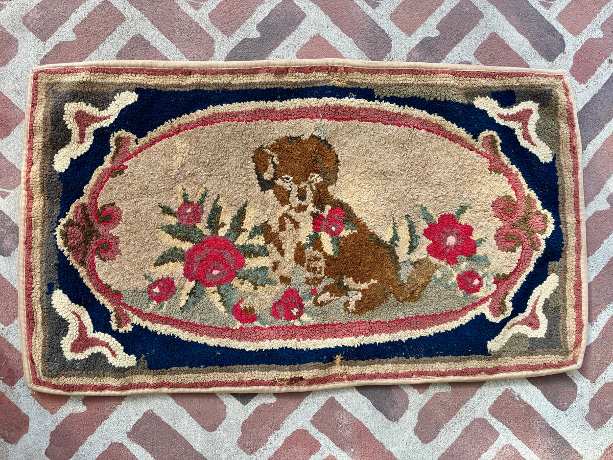Vintage Hooked Rug with Dog and Roses, c1920ā1940