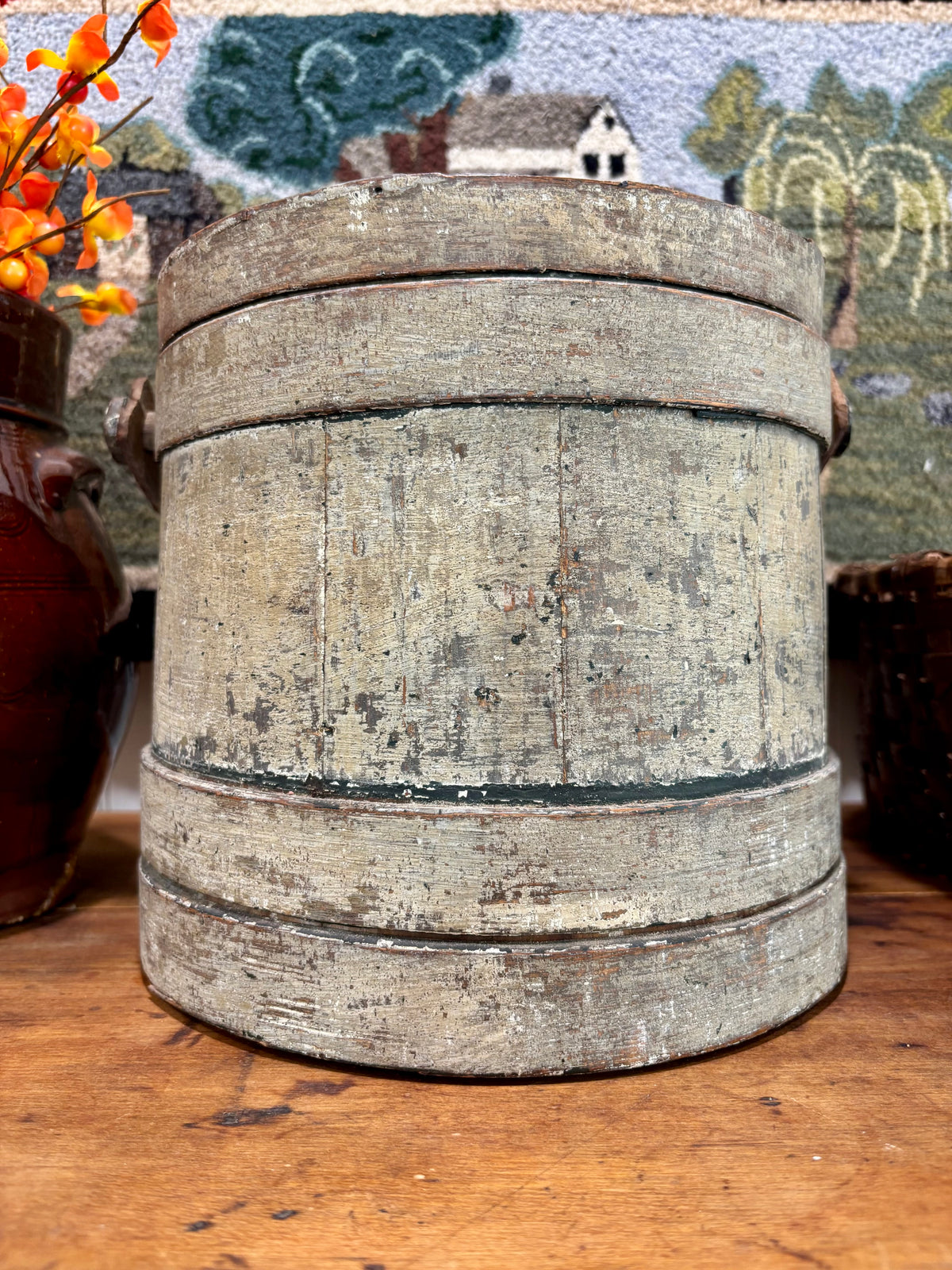 c1870-1880 Antique Firkin in Sage Green Paint