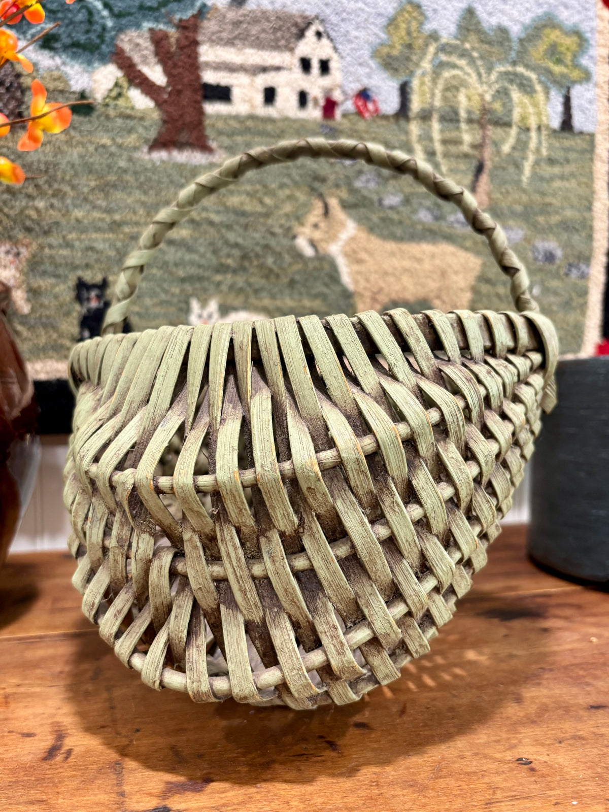 Small Green Painted Splint Basket with Wrapped Handle, c1900ā1920