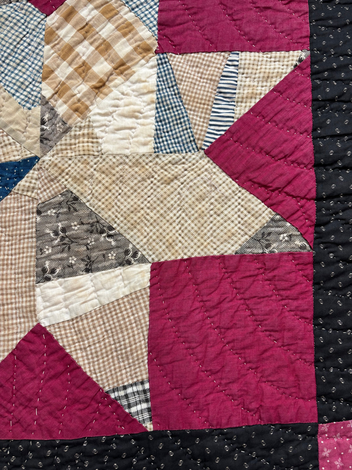 Early 1900s Antique Scrappy Eight-Pointed Star Quilt - 63x83”
