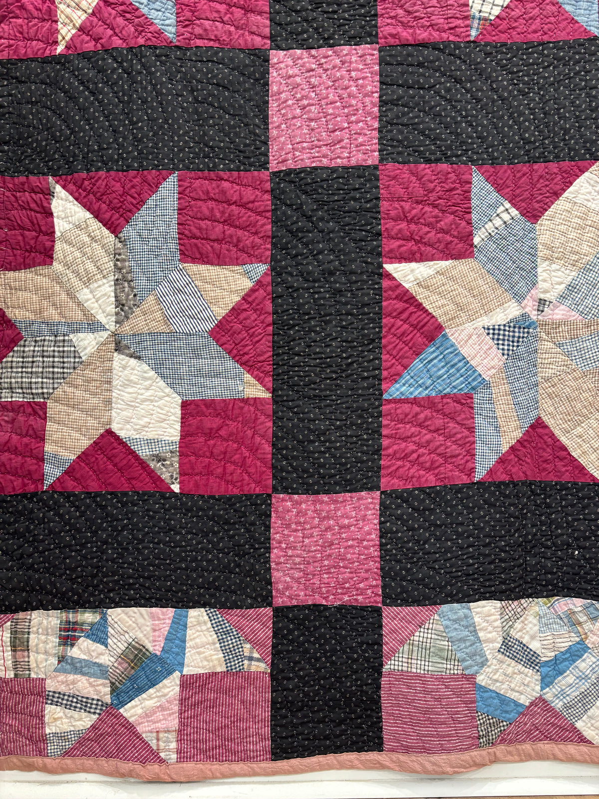 Early 1900s Antique Scrappy Eight-Pointed Star Quilt - 63x83”