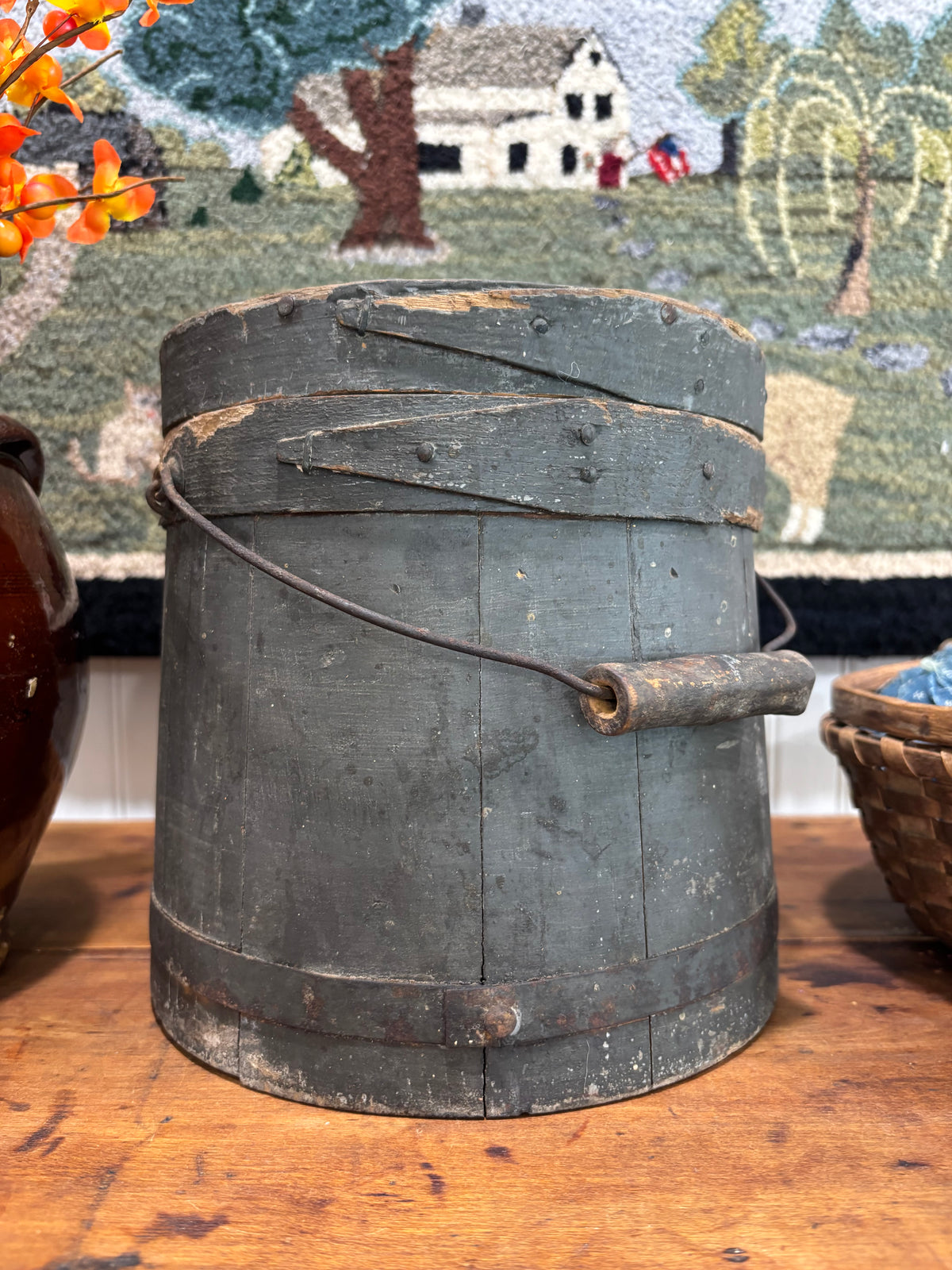 Early Painted Firkin in Blue-Green with Bail Handle, c1860–1880