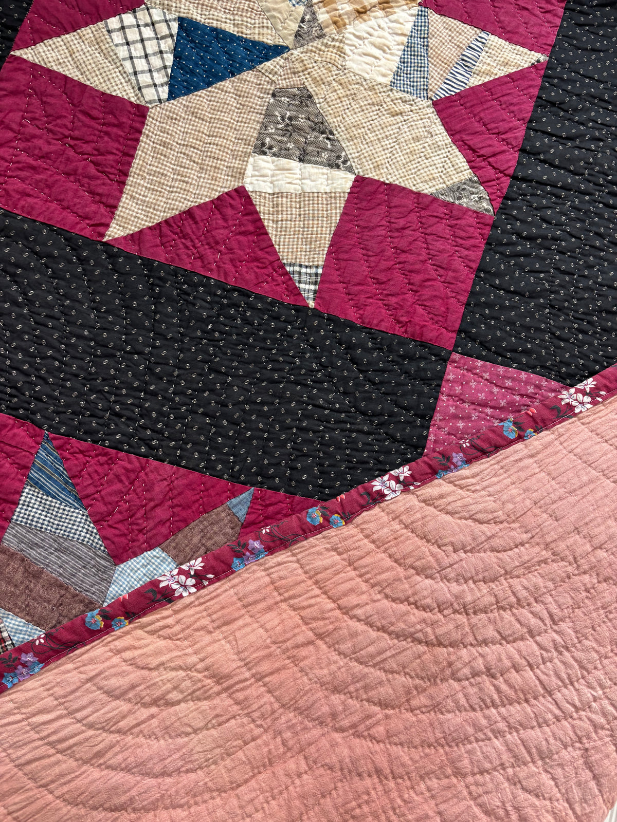 Early 1900s Antique Scrappy Eight-Pointed Star Quilt - 63x83”